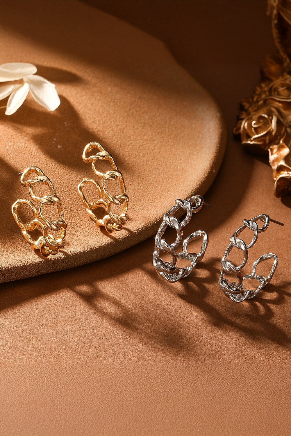 Gold Alloy Plated Round Hoop Chain Stud Earrings - loveforevers