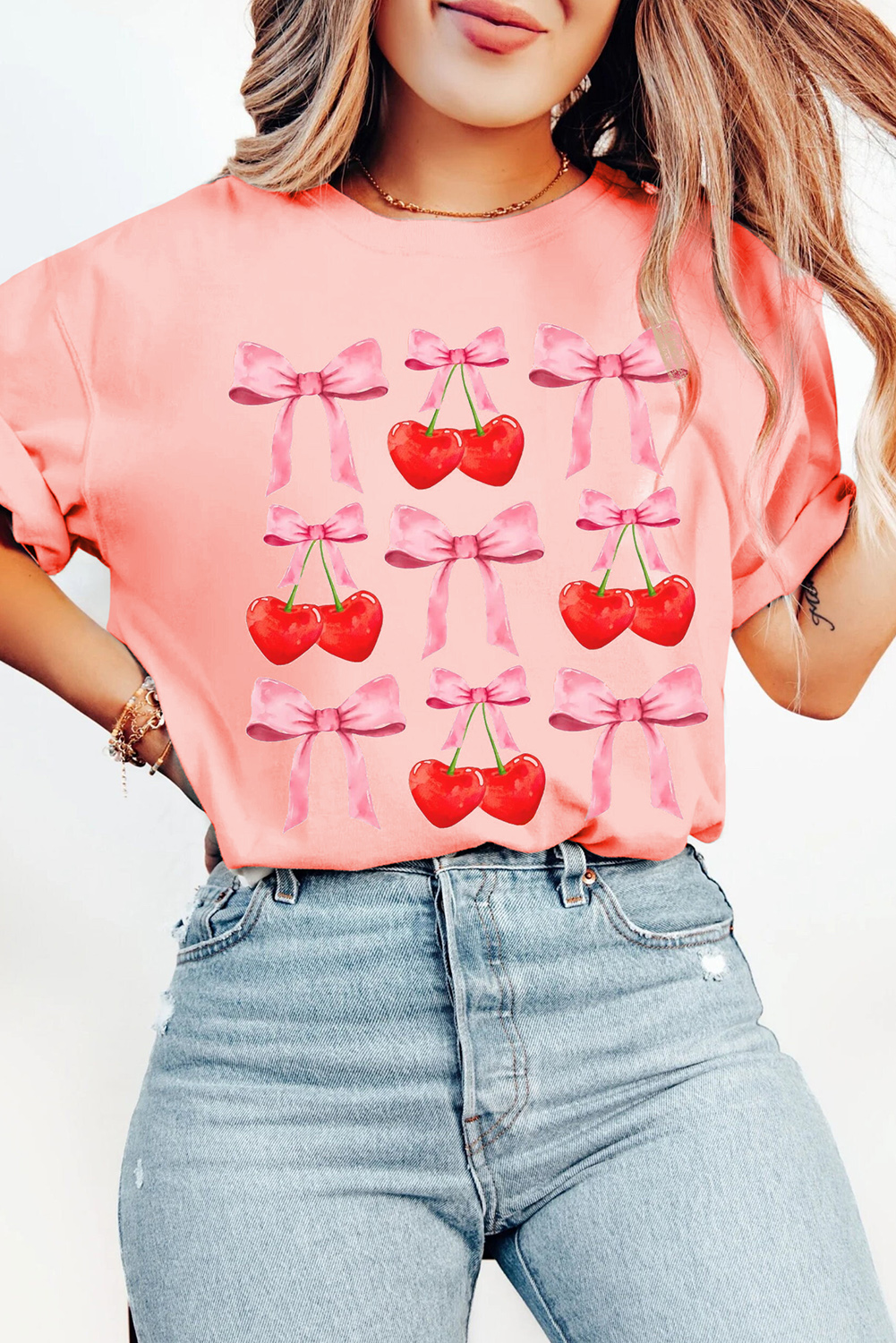 Pink Bow Cherry Print Crew Neck Casual T Shirt - loveforevers