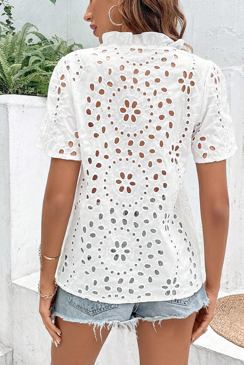 White Geometric Embroidery Hollow Out Blouse - loveforevers