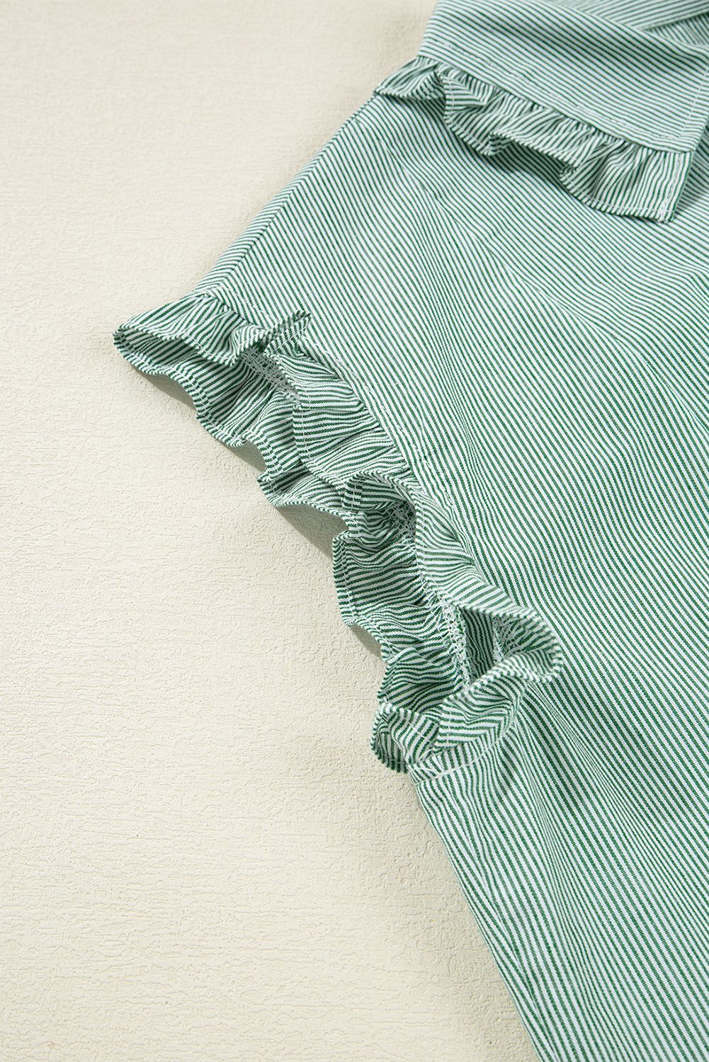 Green Stripe Frilled Sleeveless Collar Front Pocket Button Up Mini Dress - loveforevers
