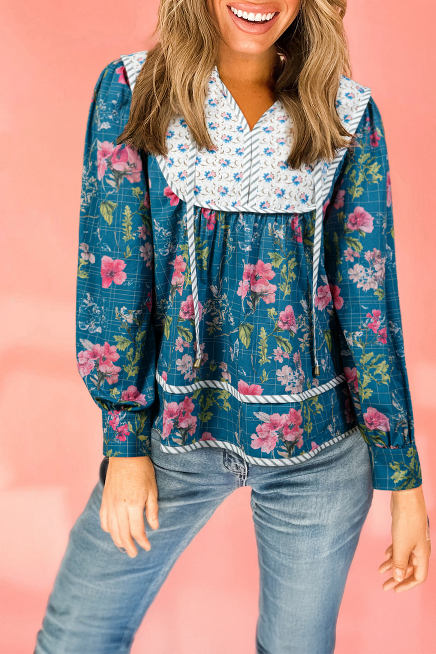 Sky Blue Floral Print Contrast Yoke Patchwork Striped Trim Long Puff Sleeve Blouse - loveforevers