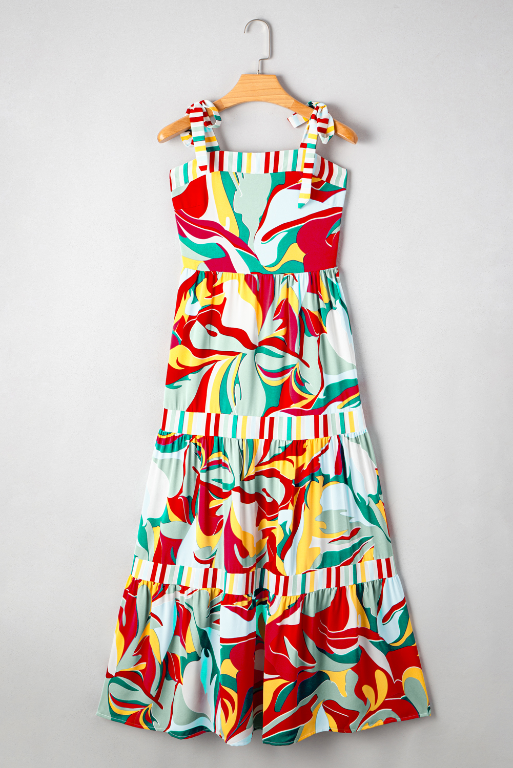 Sky Blue Abstract Print Striped Detail Knot Strap Maxi Dress - loveforevers