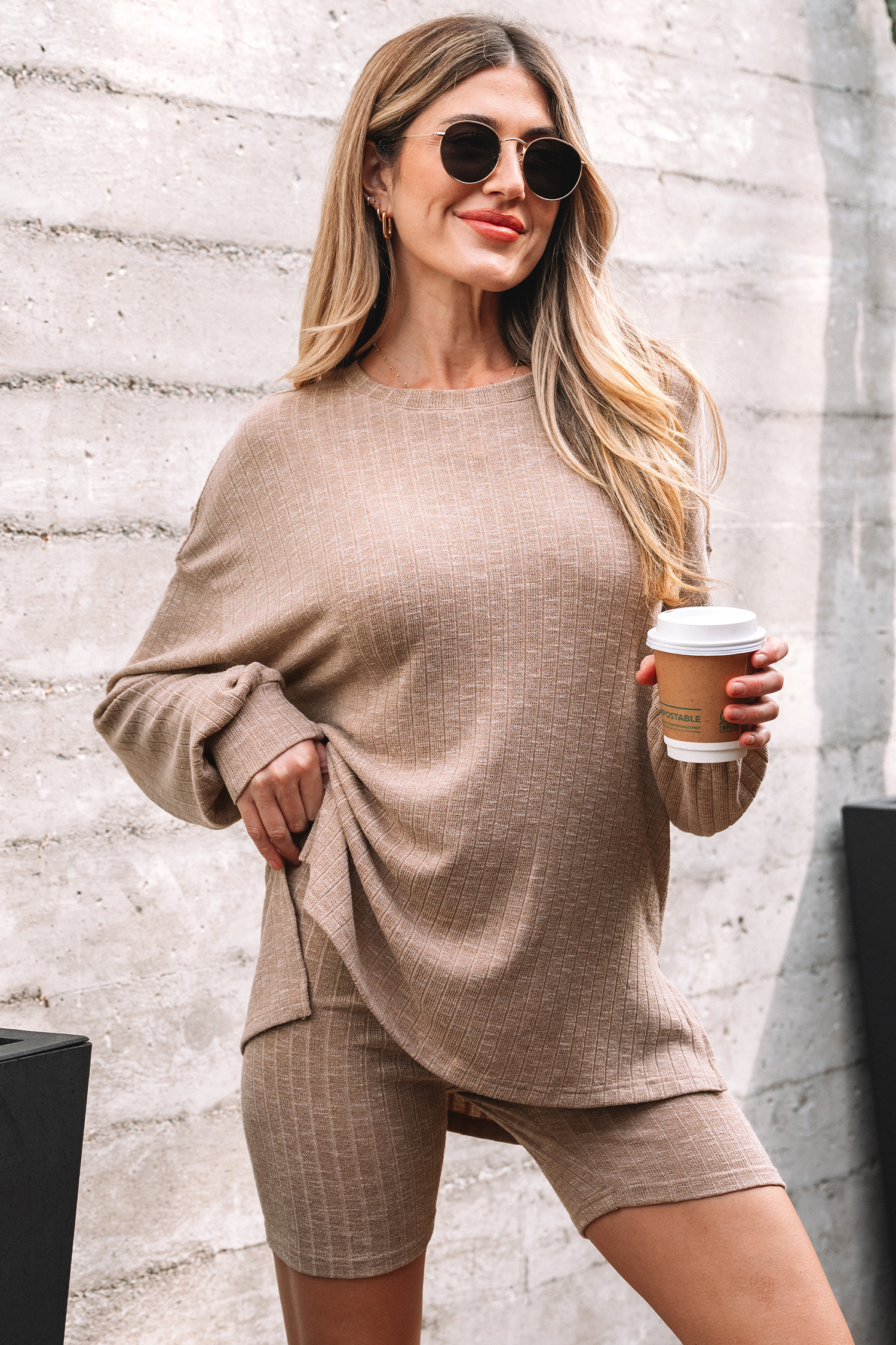 Dark Khaki Ribbed Balloon Sleeve Pullover Top and Biker Knitted Short Set - loveforevers