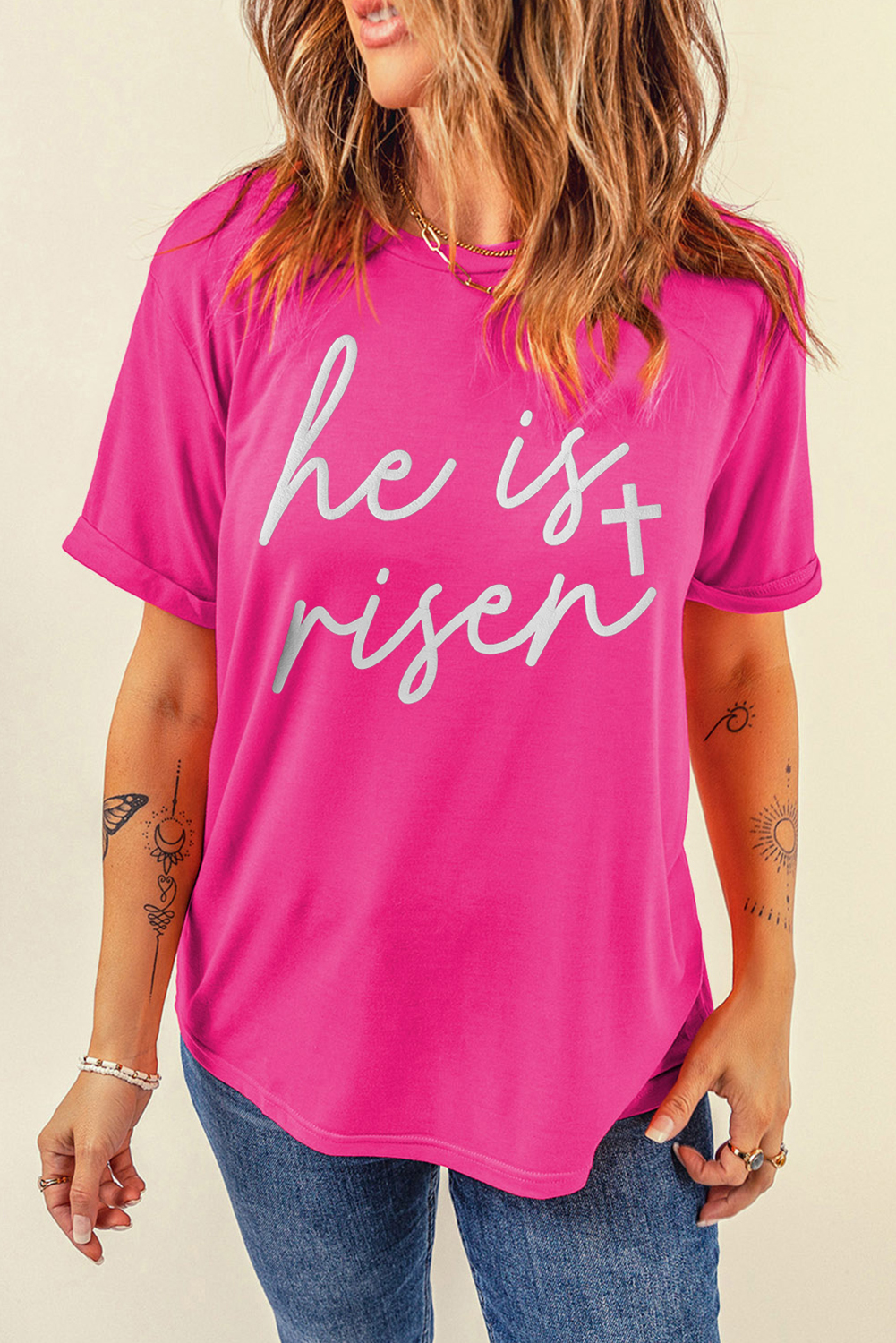 Rose Red Glitter he is risen Cross Printed Crewneck Tee - loveforevers