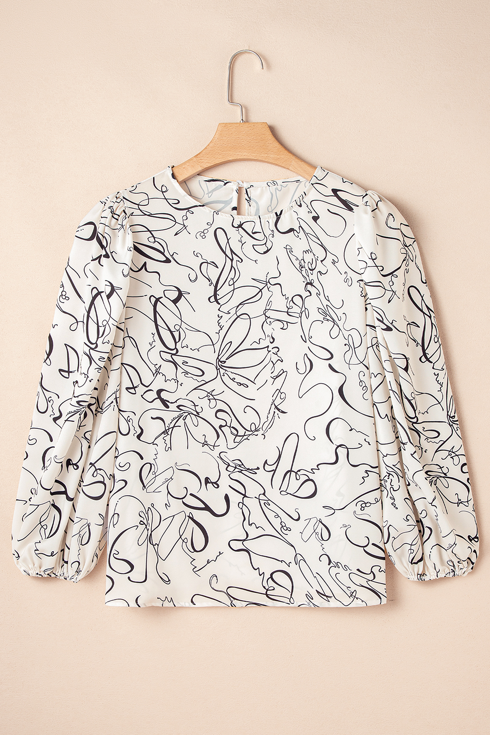 Beige Abstract Print Balloon Sleeve Crew Neck Blouse - loveforevers