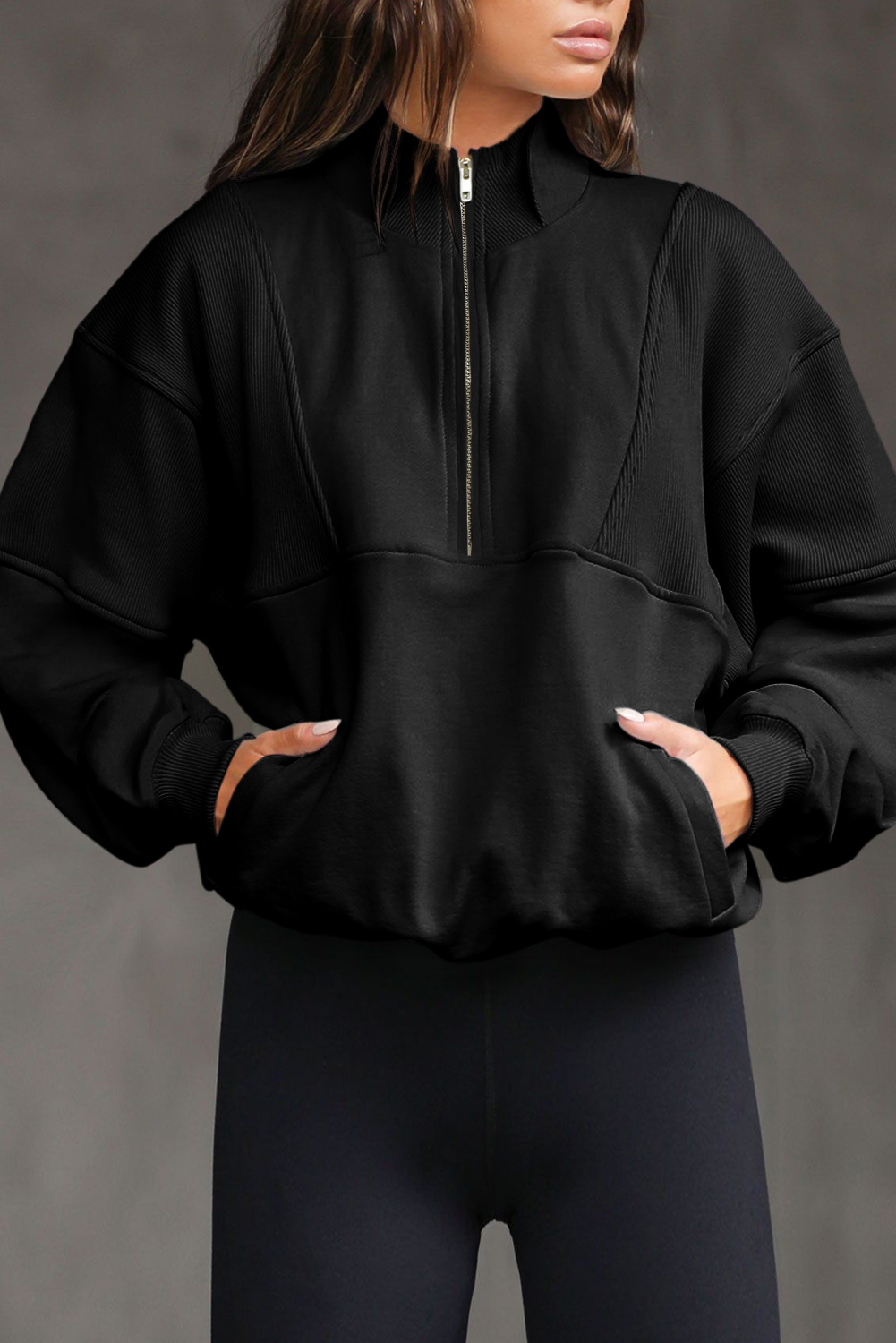 Black Half Zip Stand Collar Exposed Seam Solid Color Casual Sweatshirt - loveforevers