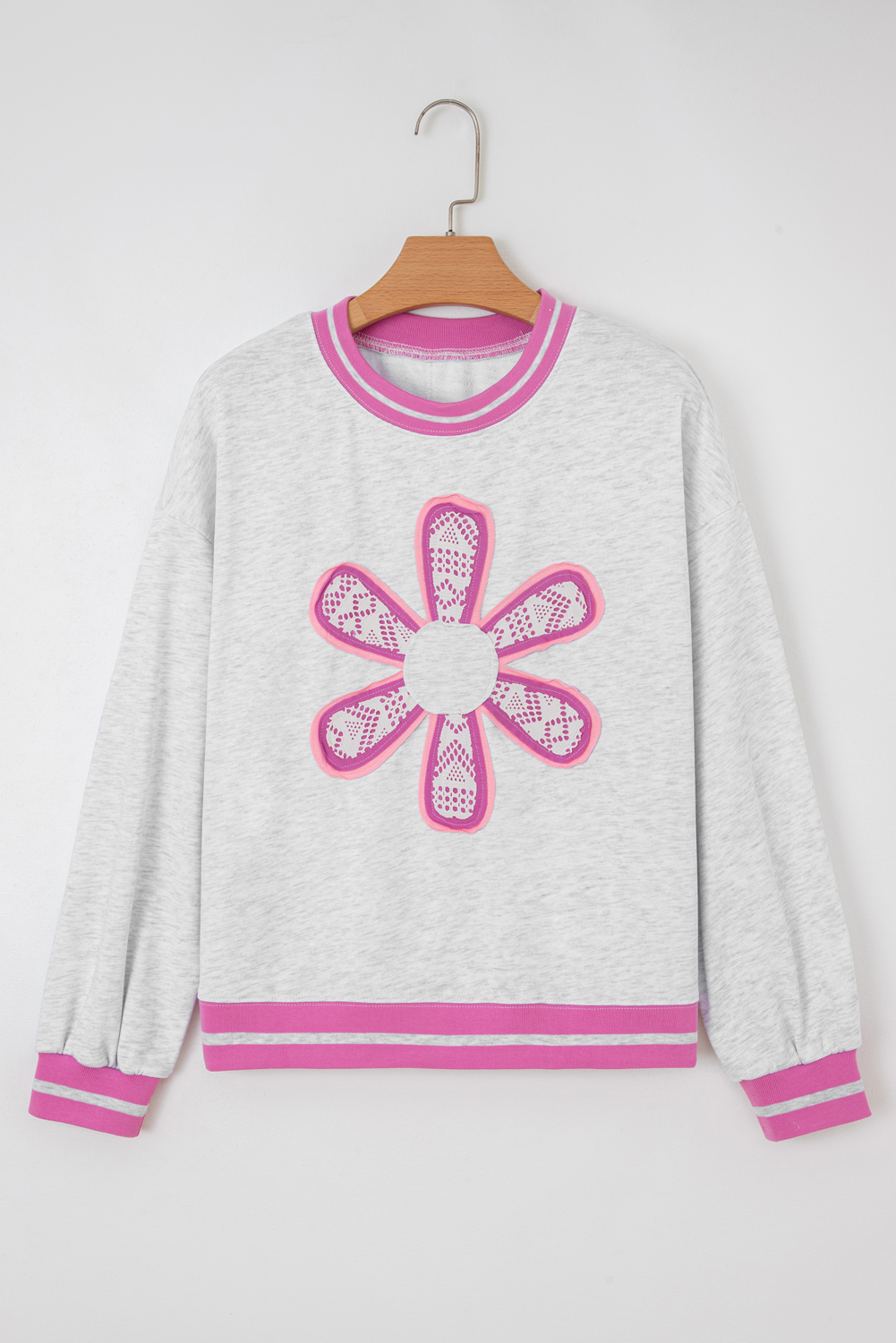 Gray Flower Patch Contrast Trim Crew Neck Sweatshirt - loveforevers