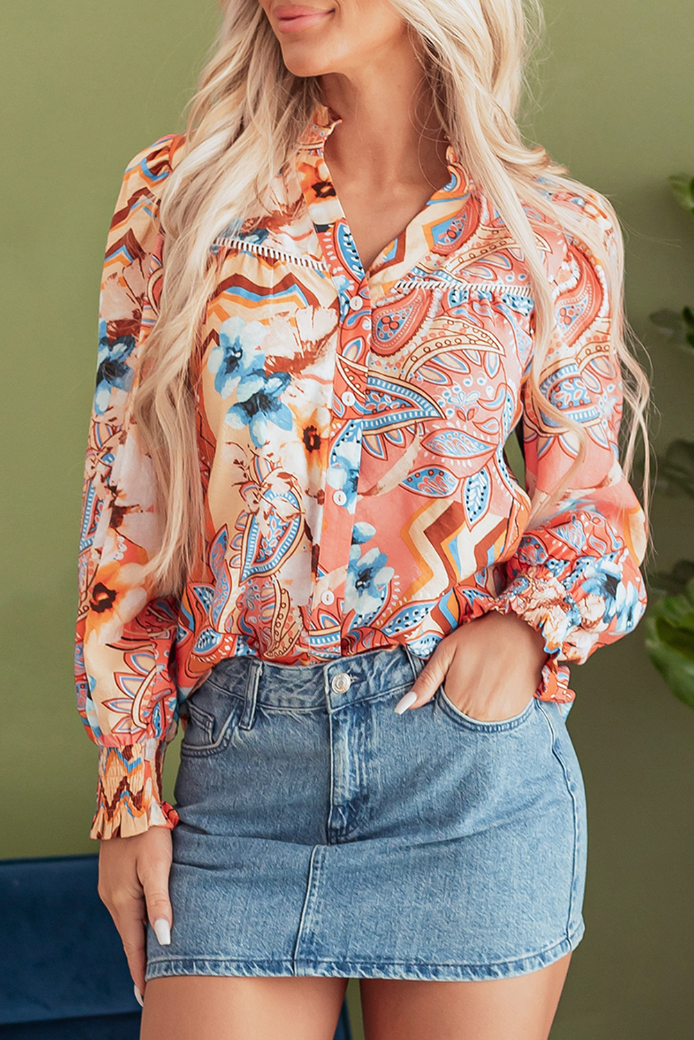 Orange Floral Print Shirred Cuff Buttoned Loose Shirt - loveforevers