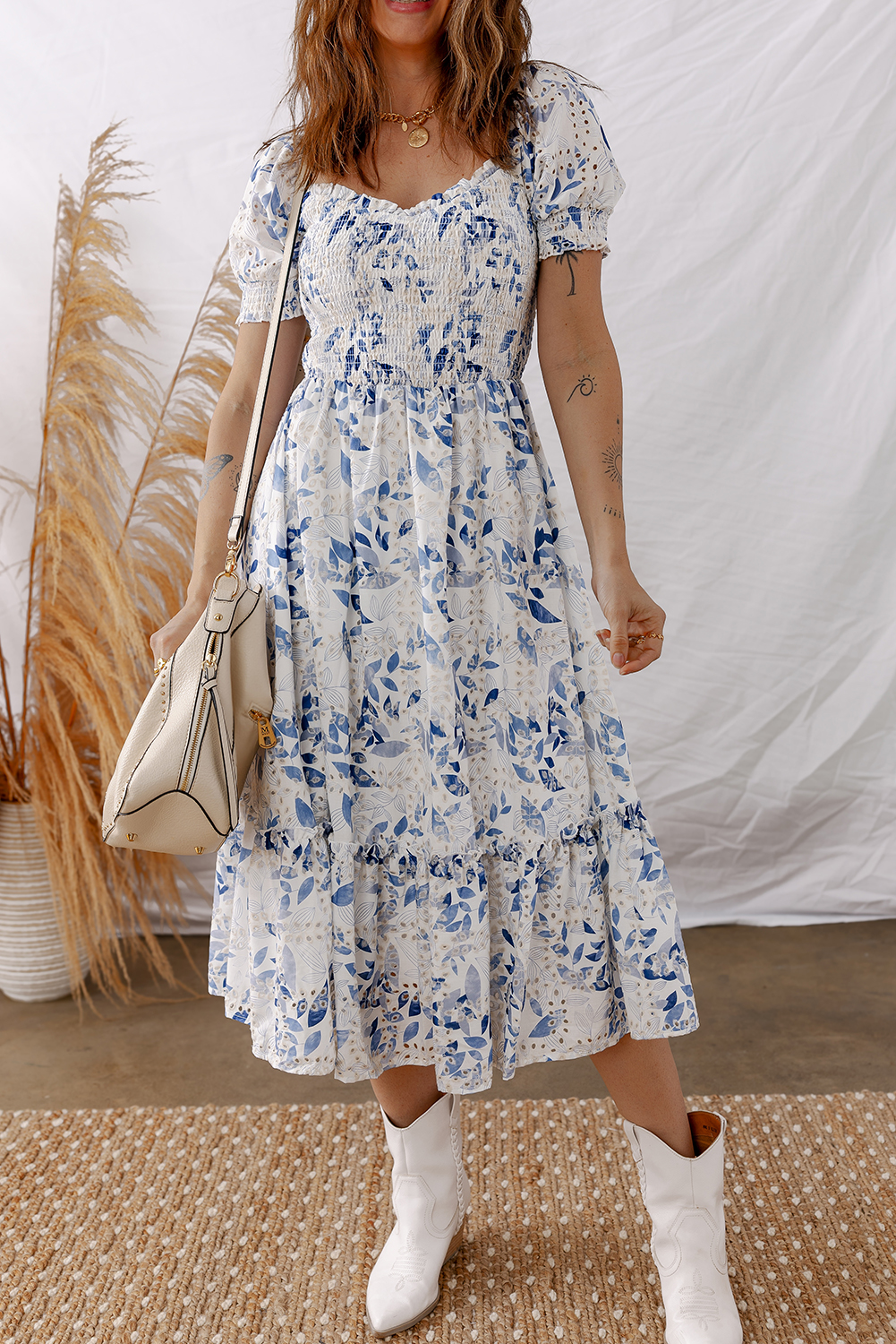 Sky Blue Smocked Bodice Short Puff Sleeve Tiered Floral Midi Dress - loveforevers