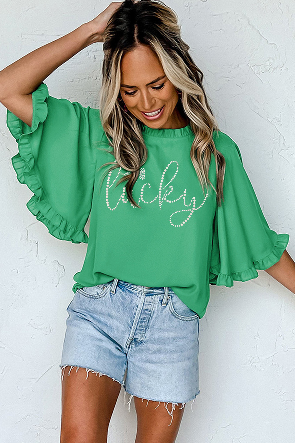 Green Ceramic Rhinstone lucky Clover Graphic Frilled Bell Sleeve Blouse - loveforevers