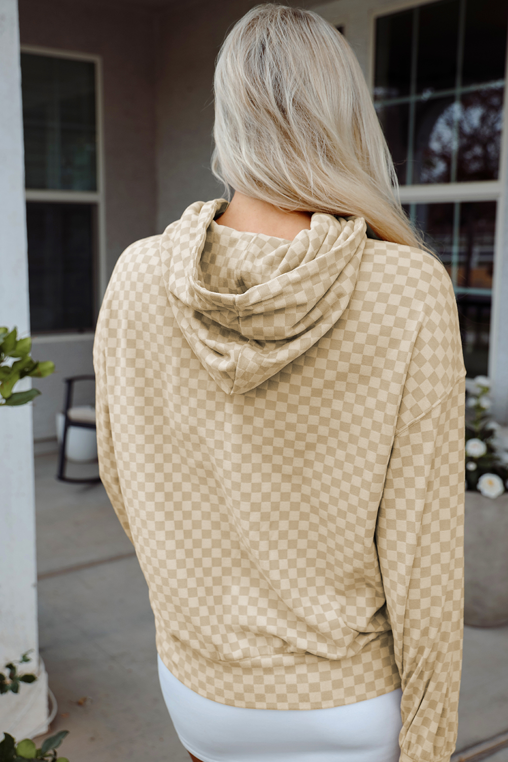 Khaki Checkered Print Kangaroo Pocket Drawstring Hoodie - loveforevers