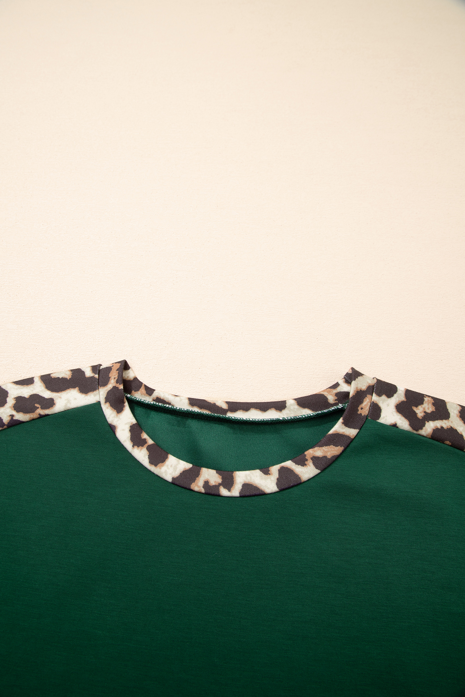 Sea Green Leopard Trim Round Neck Loose T Shirt - loveforevers