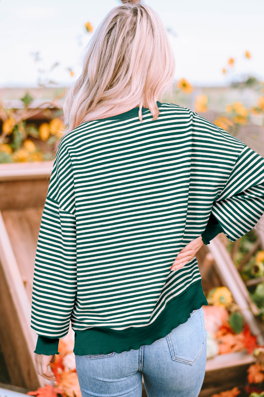 Green Stripe Turkey Pattern Drop Shoulder Pullover Top - loveforevers