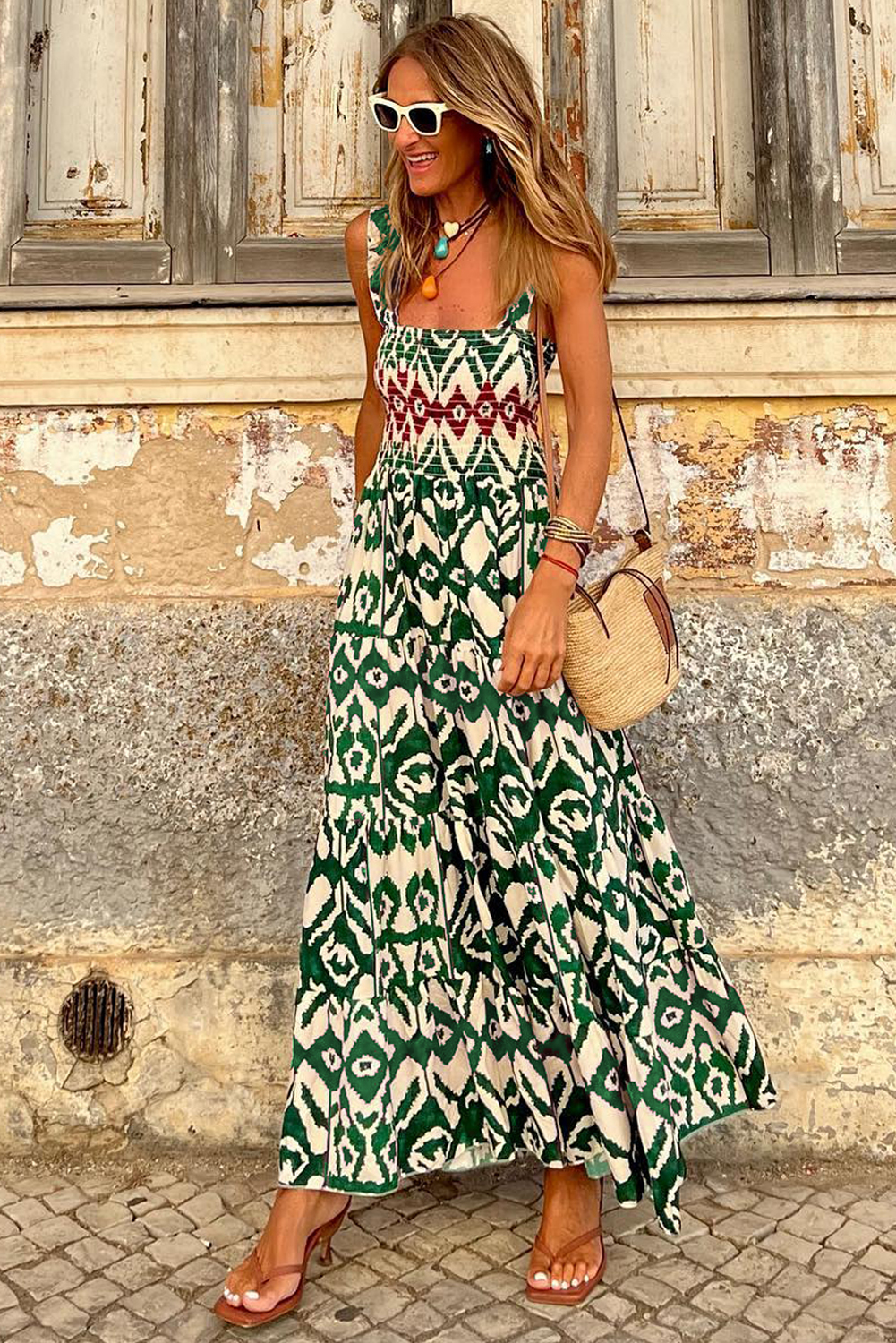 Green Western Aztec Shirred A-line Sleeveless Maxi Dress - loveforevers