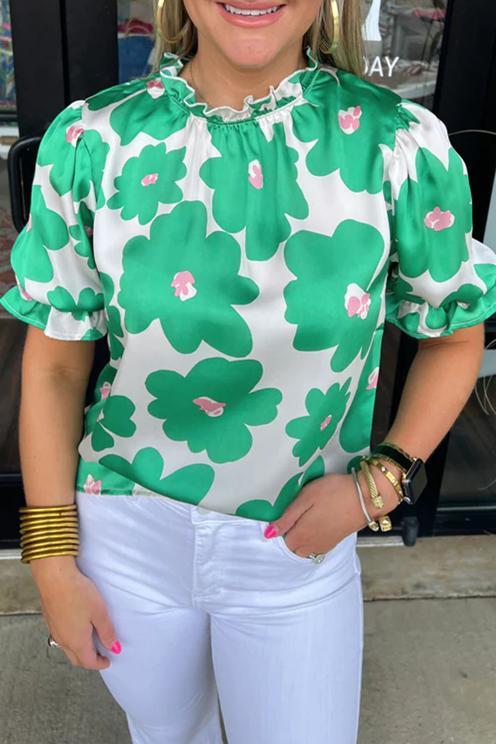 Green Floral Puff Sleeve Frill Neckline Blouse - loveforevers
