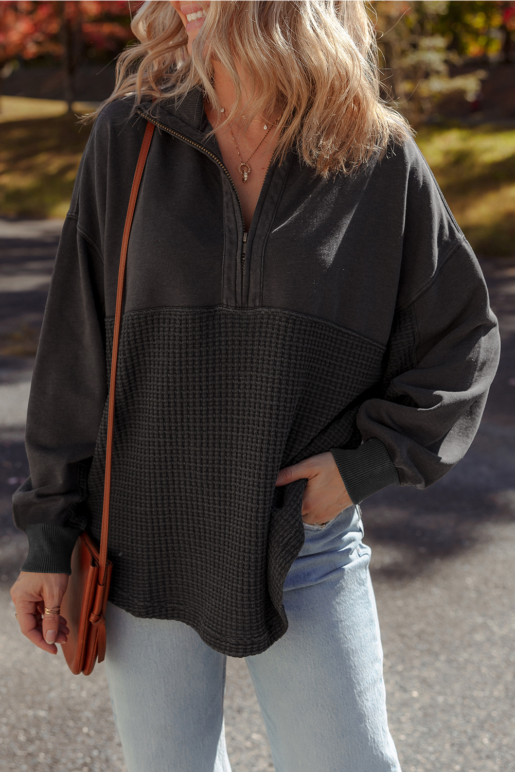 Carbon Grey Waffle Knit Patchwork Half Zipped Casual Sweatshirt - loveforevers