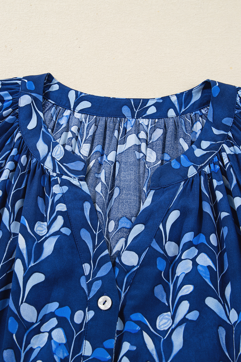 Blue Botanical Print Bracelet Sleeve Notched Neck Blouse - loveforevers