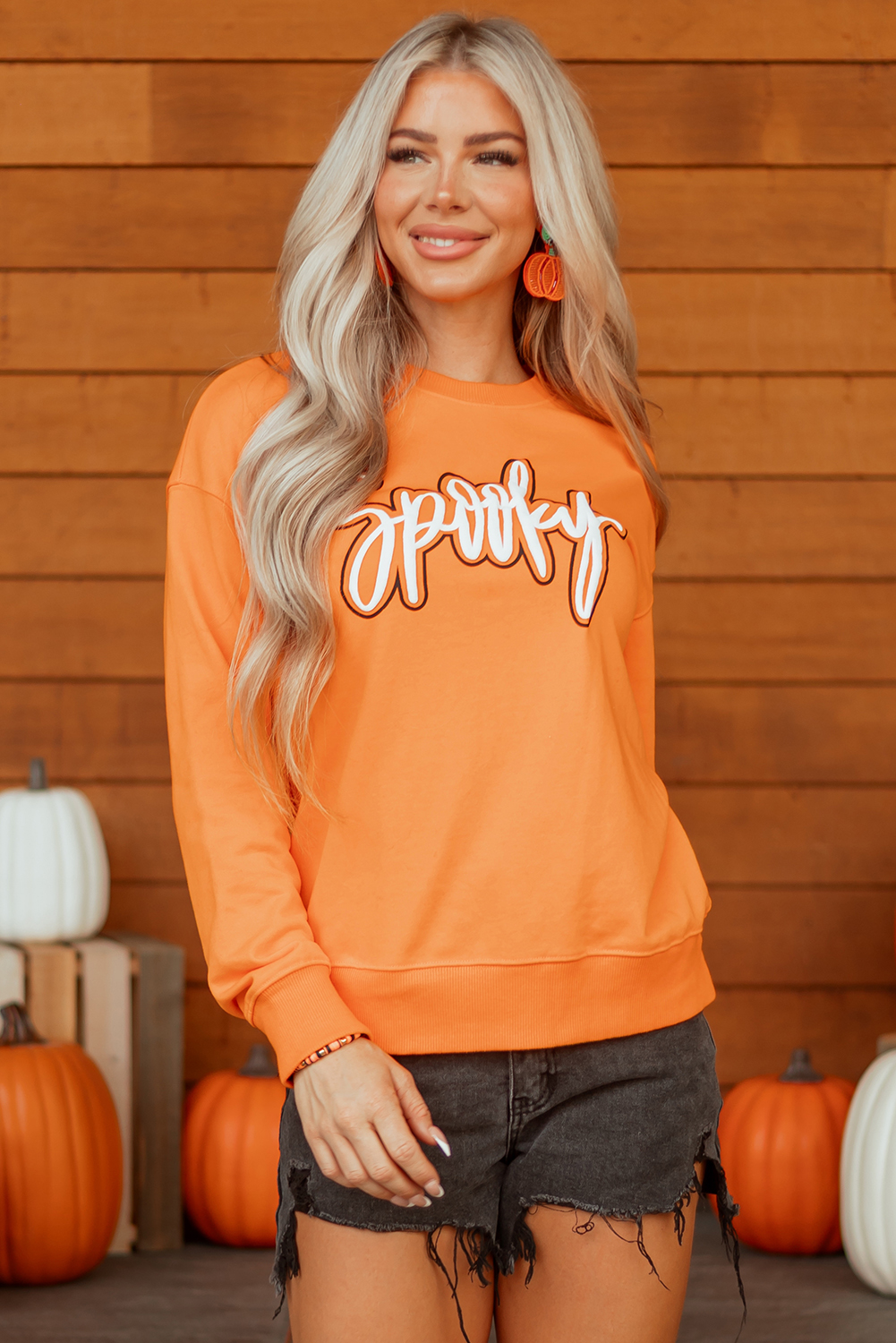 Grapefruit Orange Spooky Graphic Halloween Crew Neck Holiday Sweatshirt - loveforevers