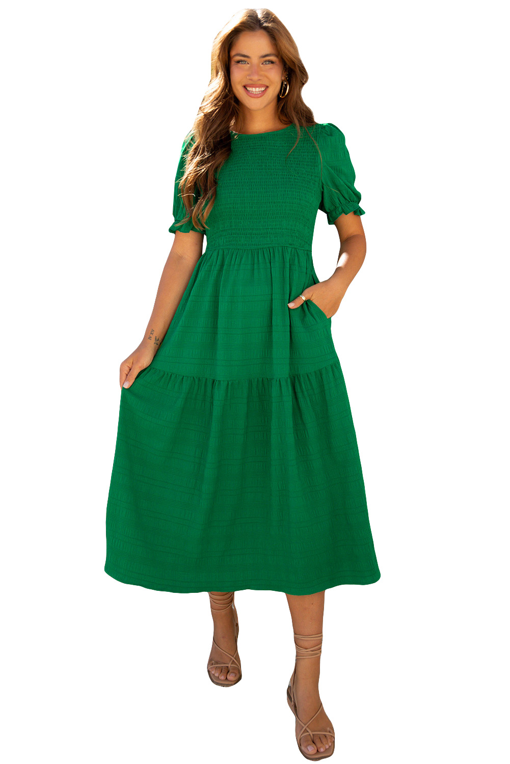 Dark Green Textured Ruffled Sleeve Round Neck Top - loveforevers