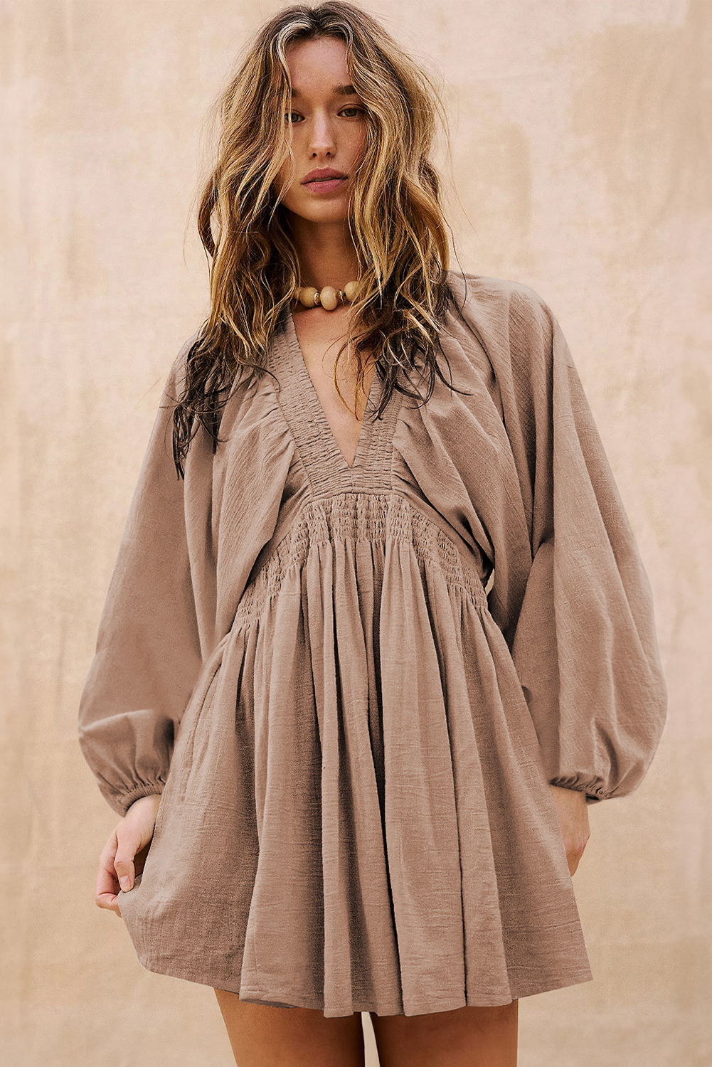 Smoke Gray Deep V Neck Bubble Sleeve Smocked Mini Dress - loveforevers