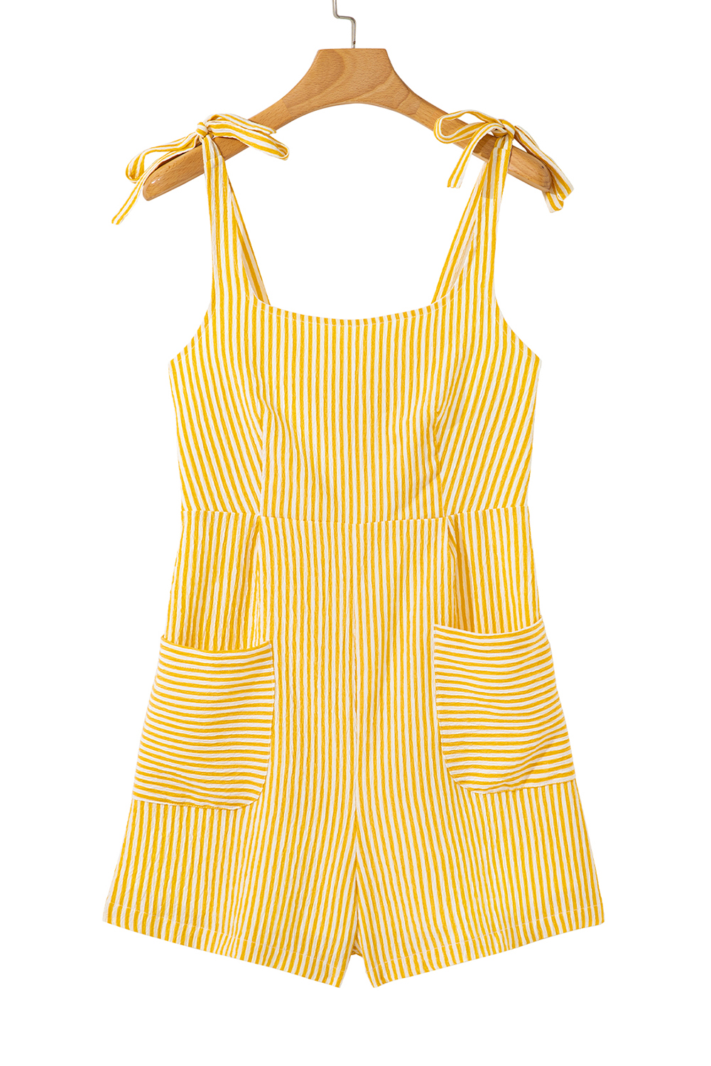 Yellow Stripe Shoulder Tie Smocked Back Wide Leg Casual Romper - loveforevers