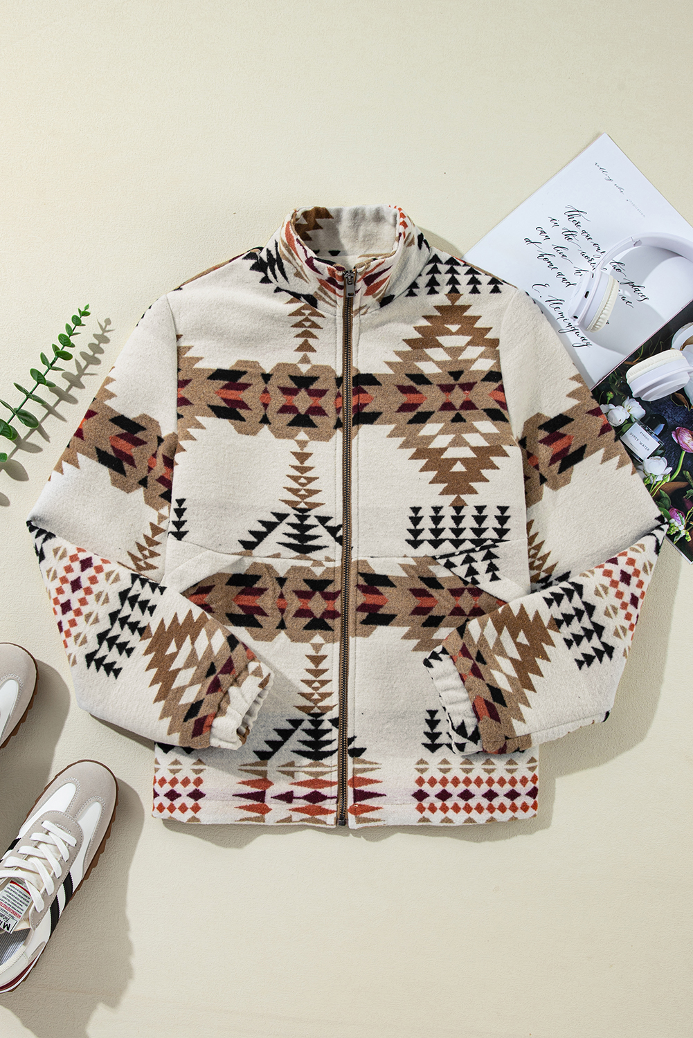 Beige Aztec Printed Stand Neck Zip Up Jacket - loveforevers