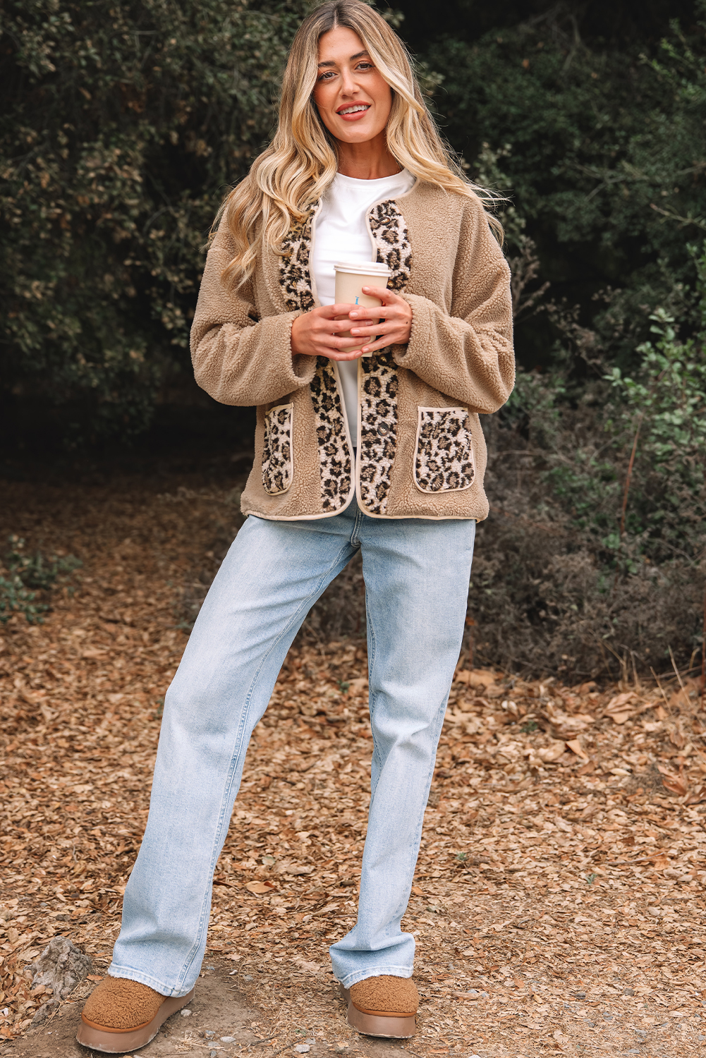Casual Leopard Print Accent Plush Jacket with Pockets - loveforevers