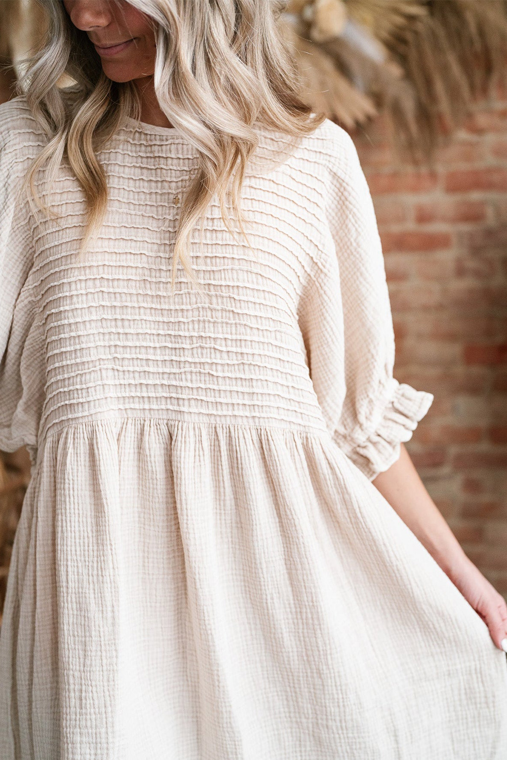 White Textured Ruffled Puff Sleeve Loose Dress - loveforevers