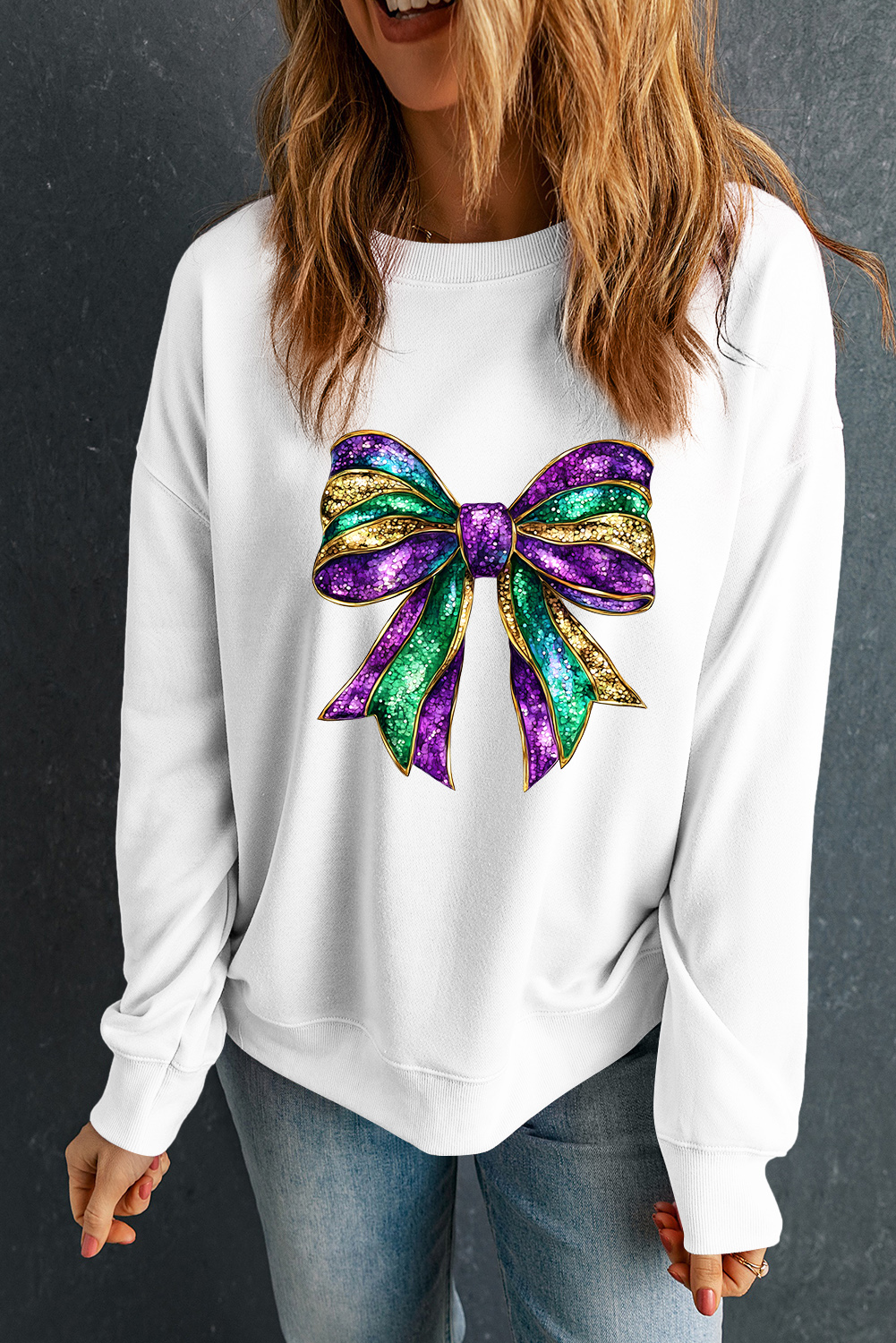 White Mardi Gras Bow Graphic Drop Shoulder Sweatshirt - loveforevers