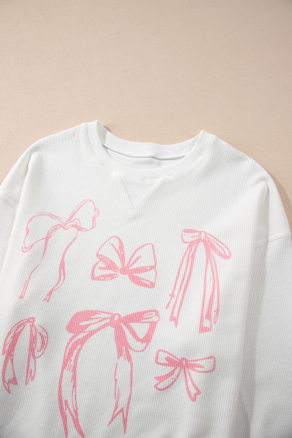 White Bowknot Pattern Corded Long Sleeve Drop Shoulder Top - loveforevers