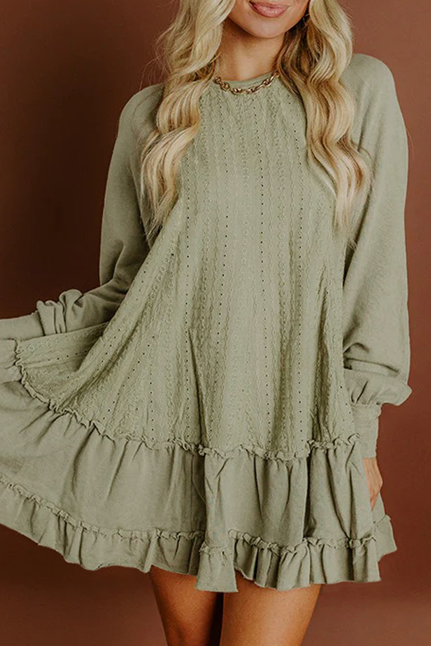 Laurel Green Jacquard Frilled Ruffled Long Sleeve Mini Dress - loveforevers