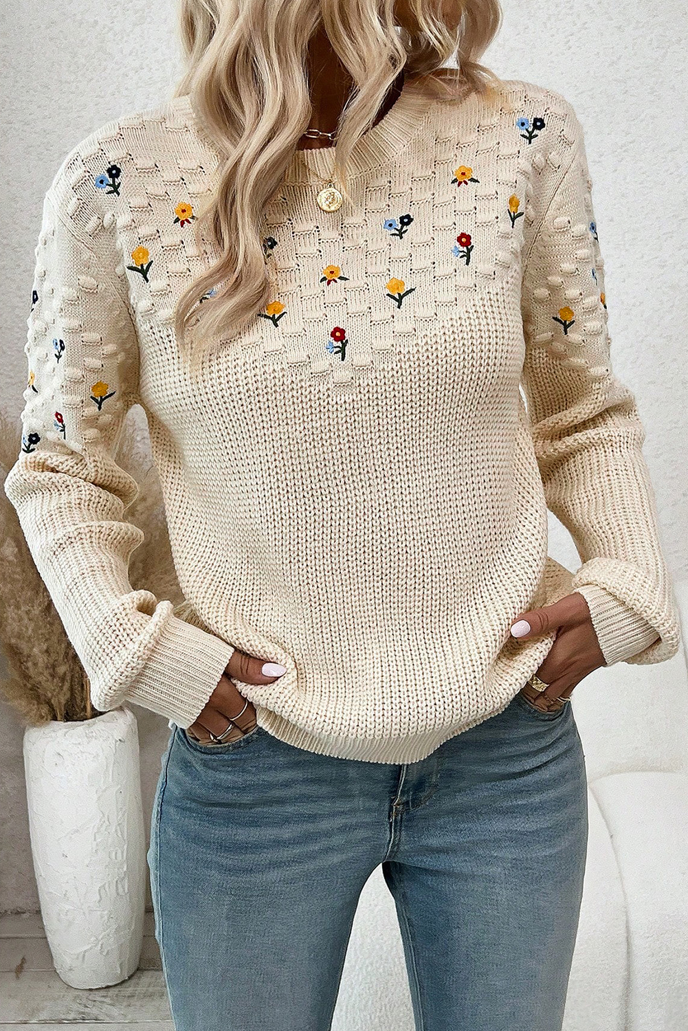 Jet Stream Mixed Texture Knit Flower Embroidered Detail Casual Sweater - loveforevers