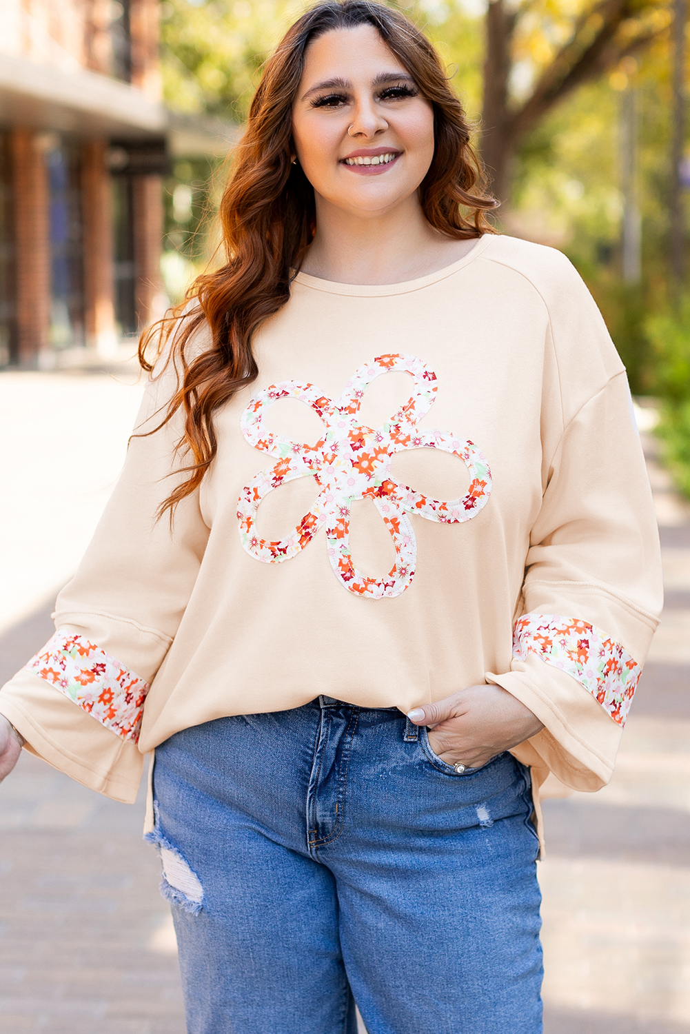 Beige Flower Patch Graphic Exposed Seam Wide Sleeve Top - loveforevers