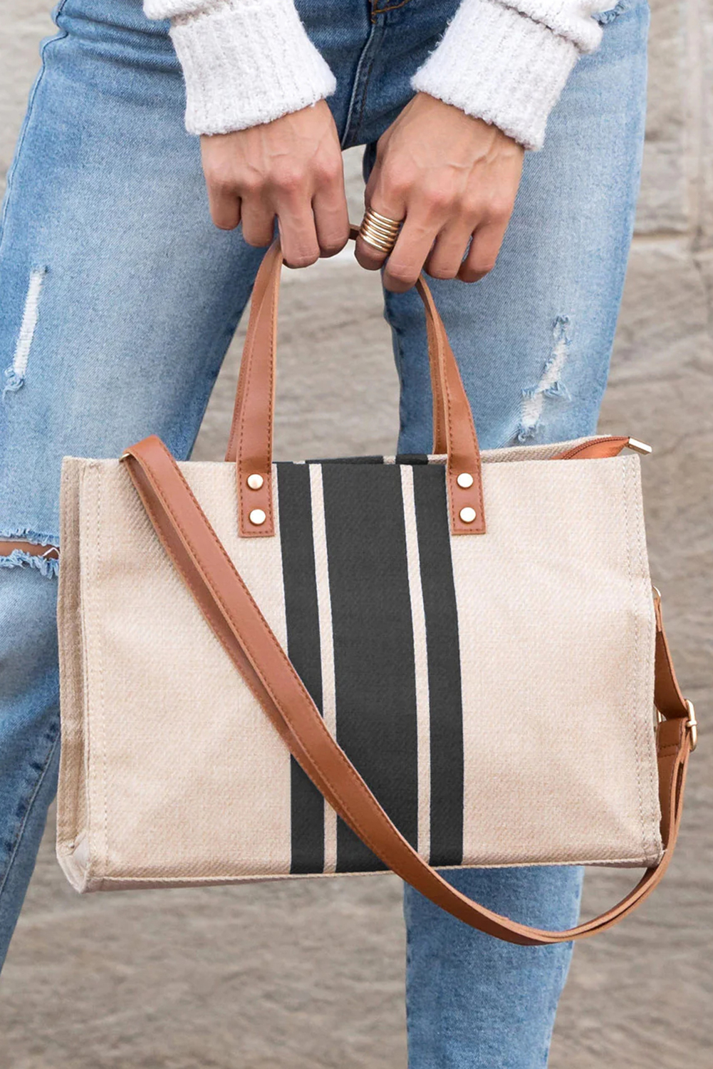 Black Striped Print Contrast PU Leather Handle Patchwork Shoulder Bag - loveforevers