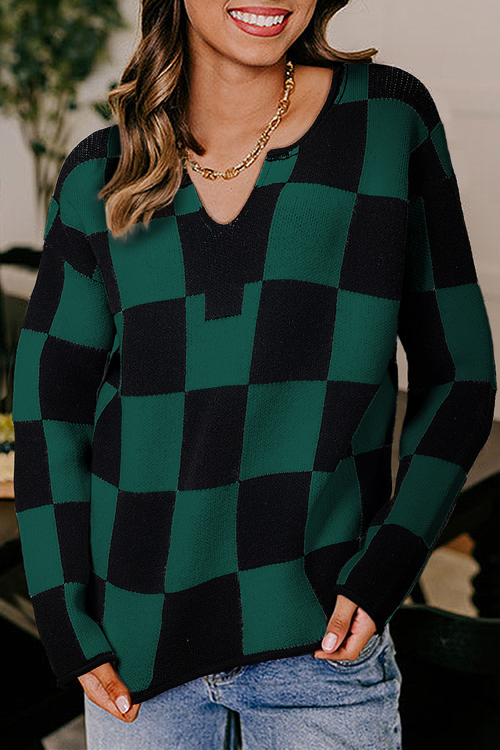 Black Checked Notched Neckline Drop Shoulder Knit Sweater - loveforevers