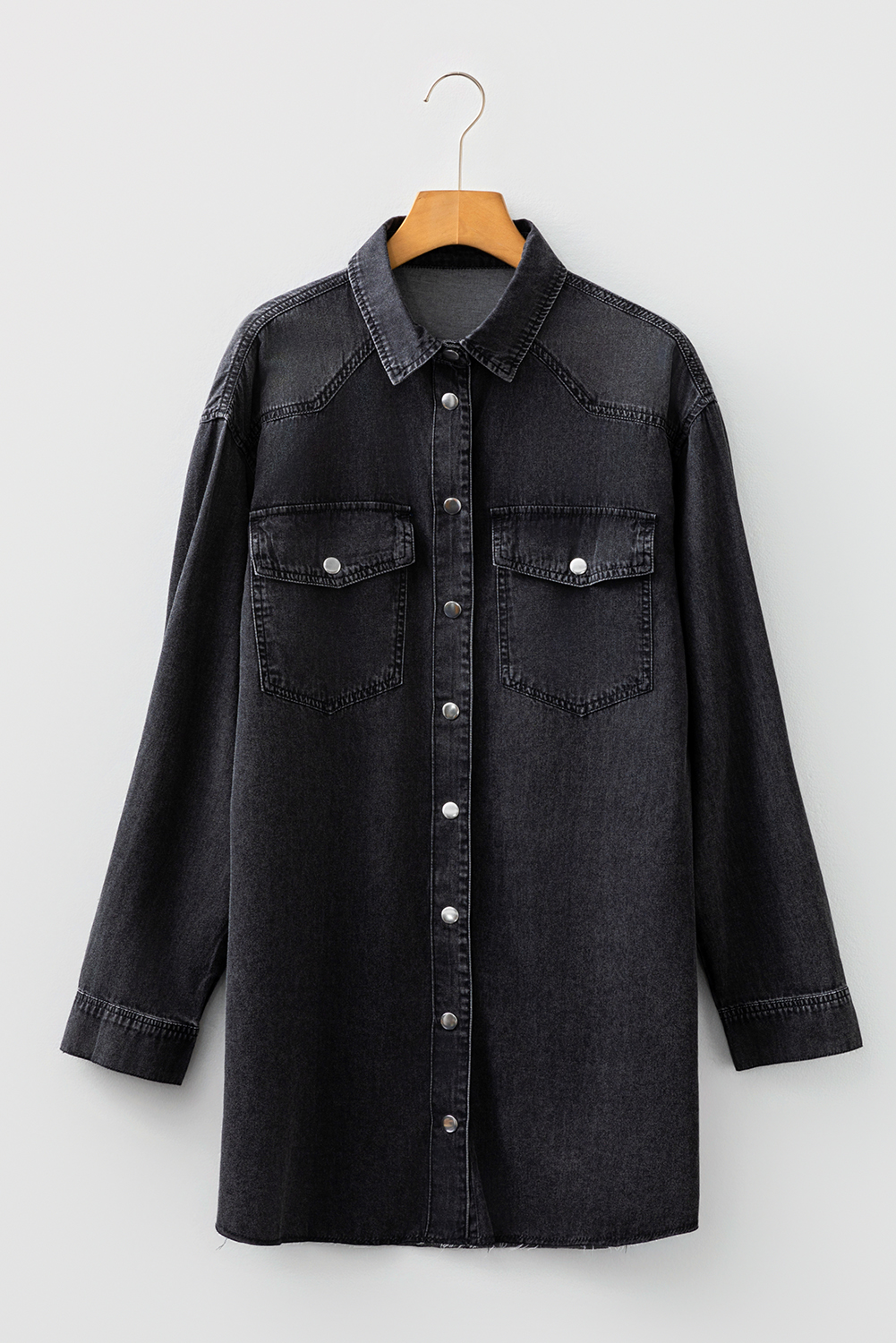 Blue Beau Chest Pocket Raw Hem Denim Loose Shirt Dress - loveforevers