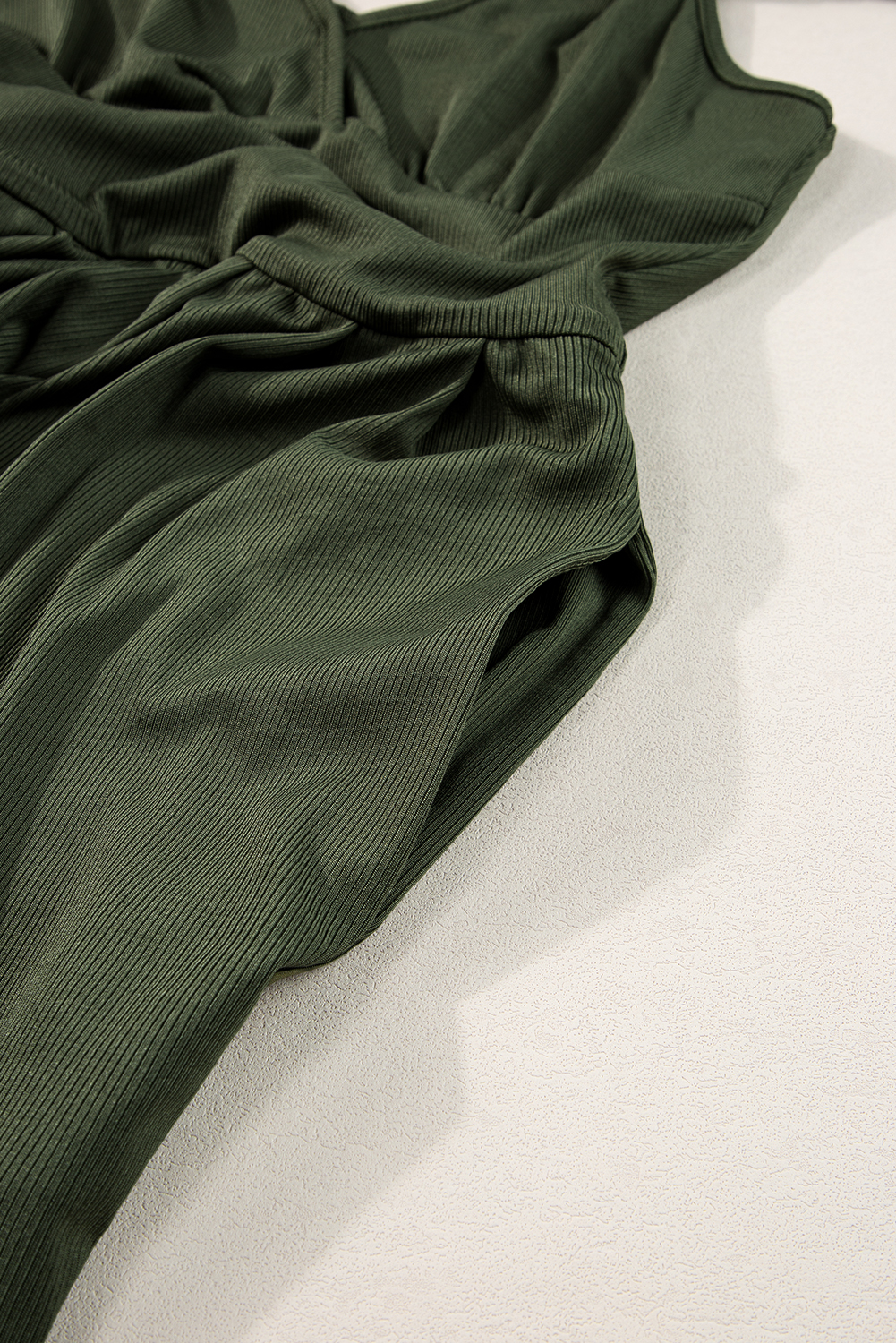 Moss Green Spaghetti Straps Cinched Waist Ribbed Romper - loveforevers
