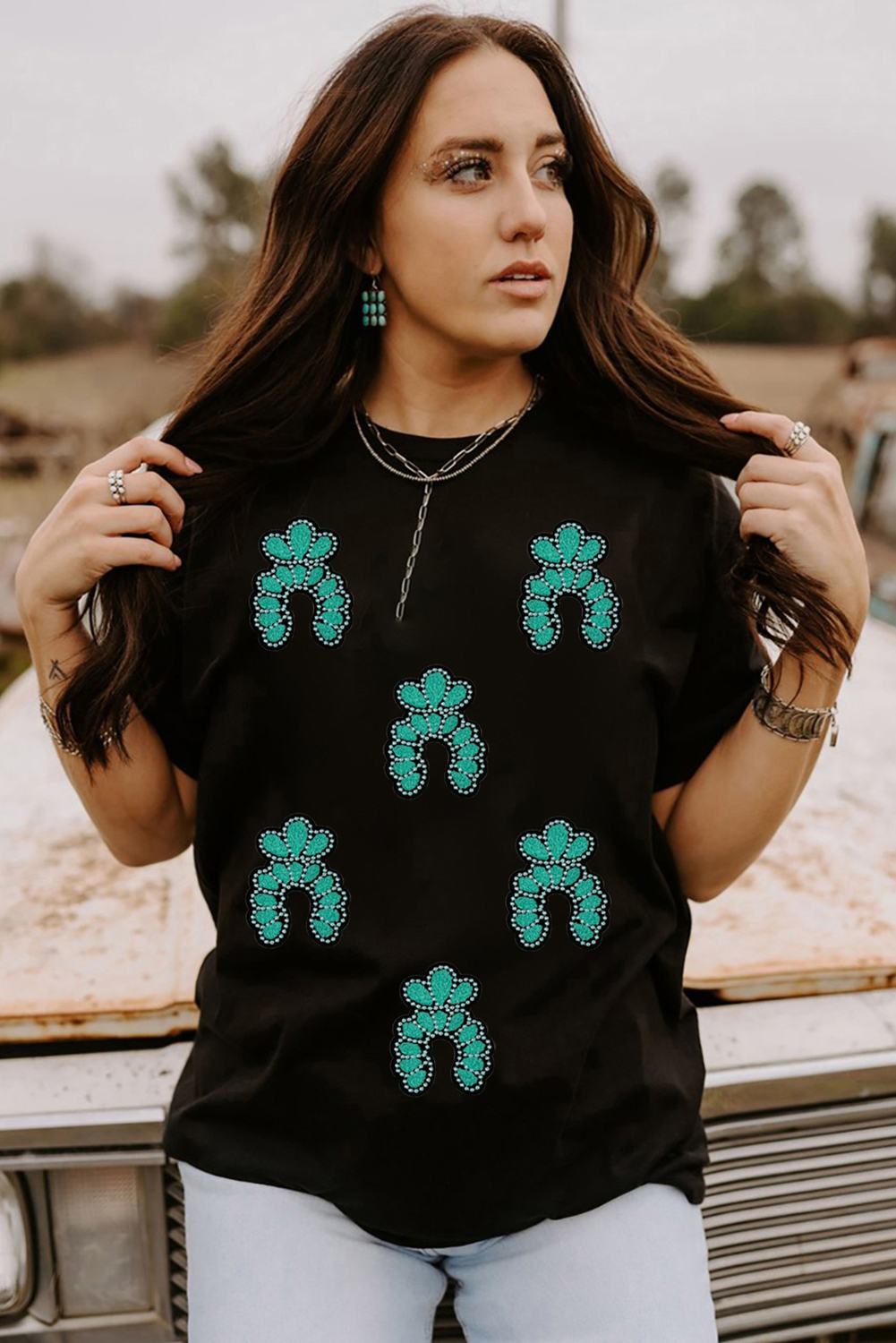 Black Western Turquoise Pattern Sequin Patched T Shirt - loveforevers