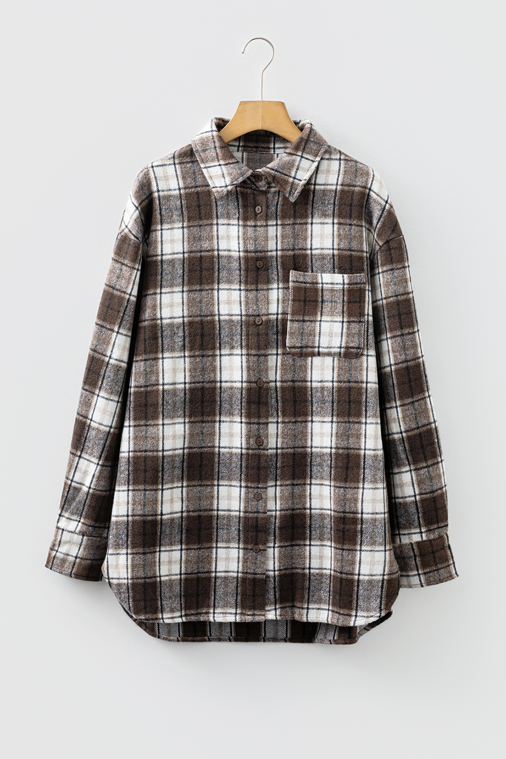 Dark Brown Flanel Plaid Single Chest Pocket Boyfriend Shacket - loveforevers