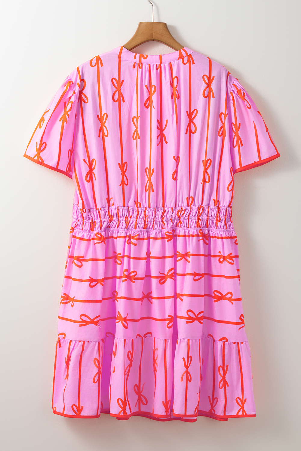Pink Bowknot Striped Printed Bubble Sleeve Buttoned Belted Mini Dress - loveforevers