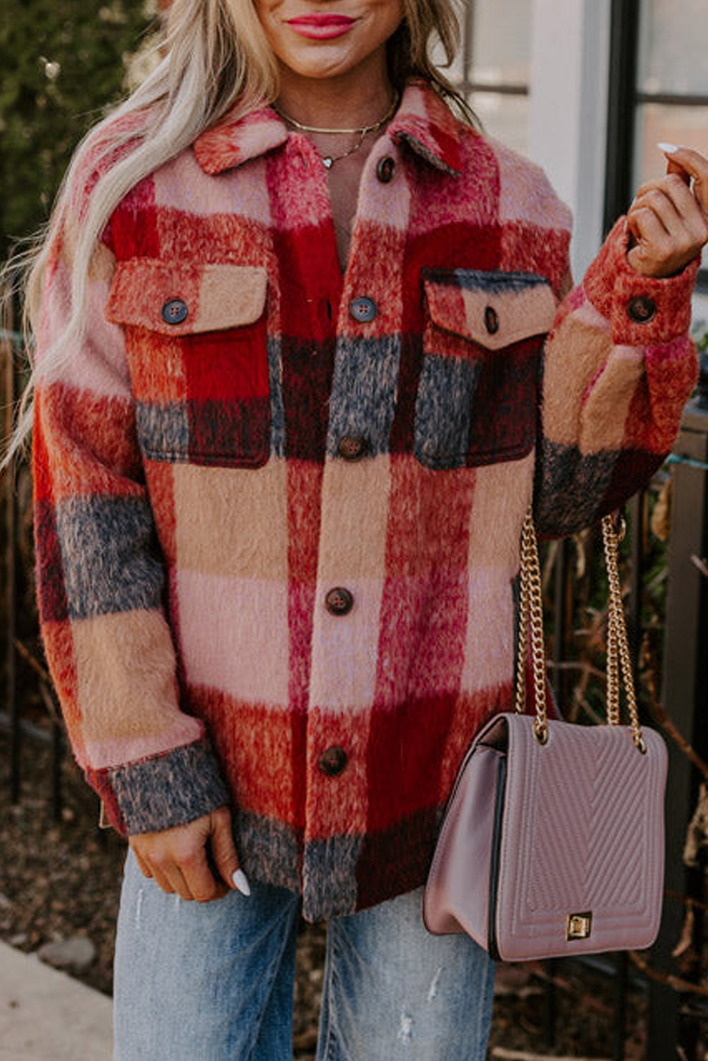 Orange Plaid Print Flap Pockets Buttoned Casual Plus Size Jacket - loveforevers