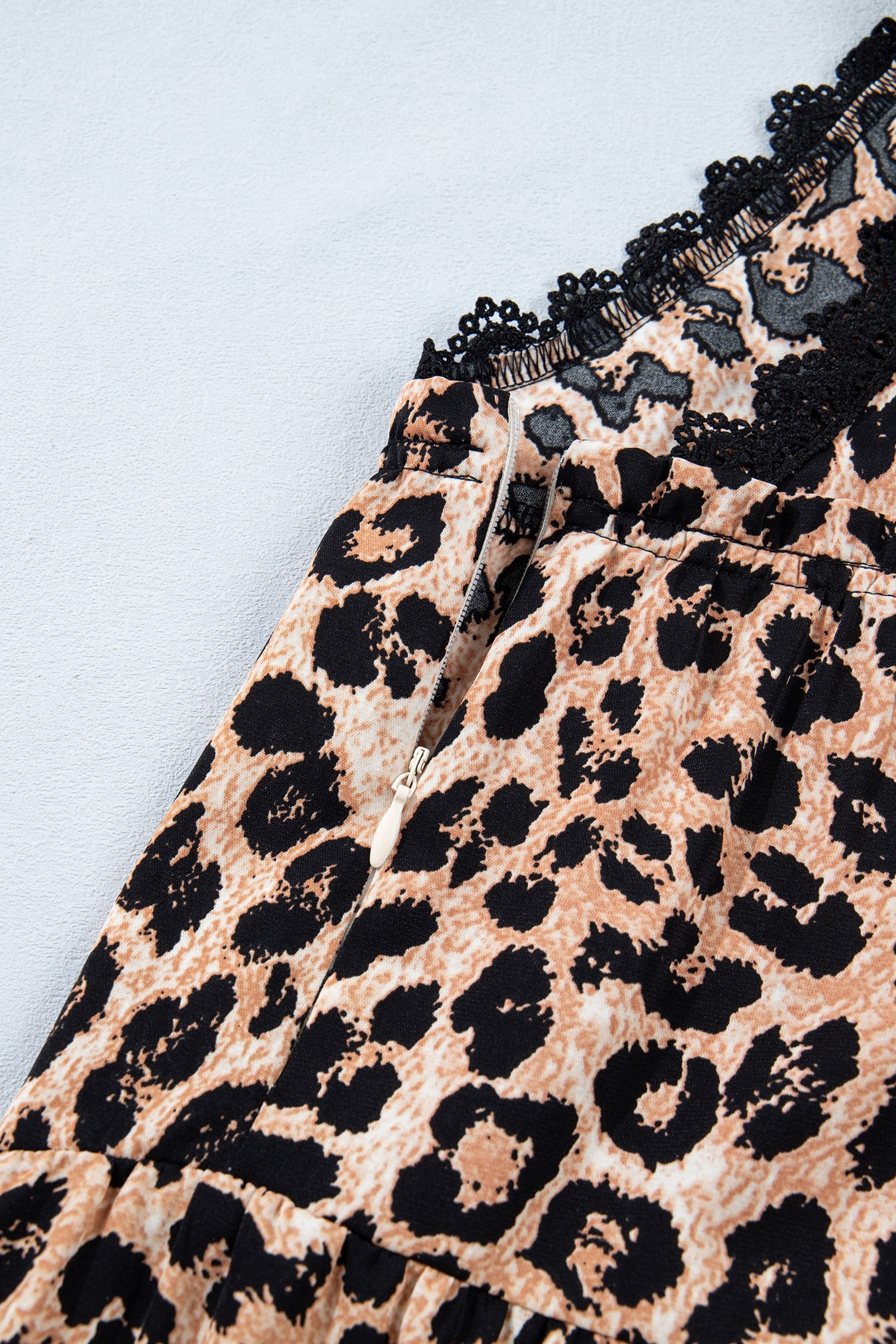 Khaki Cheetah Printed Contrast Lace Detail Ruffled Wide Leg Jumpsuit - loveforevers