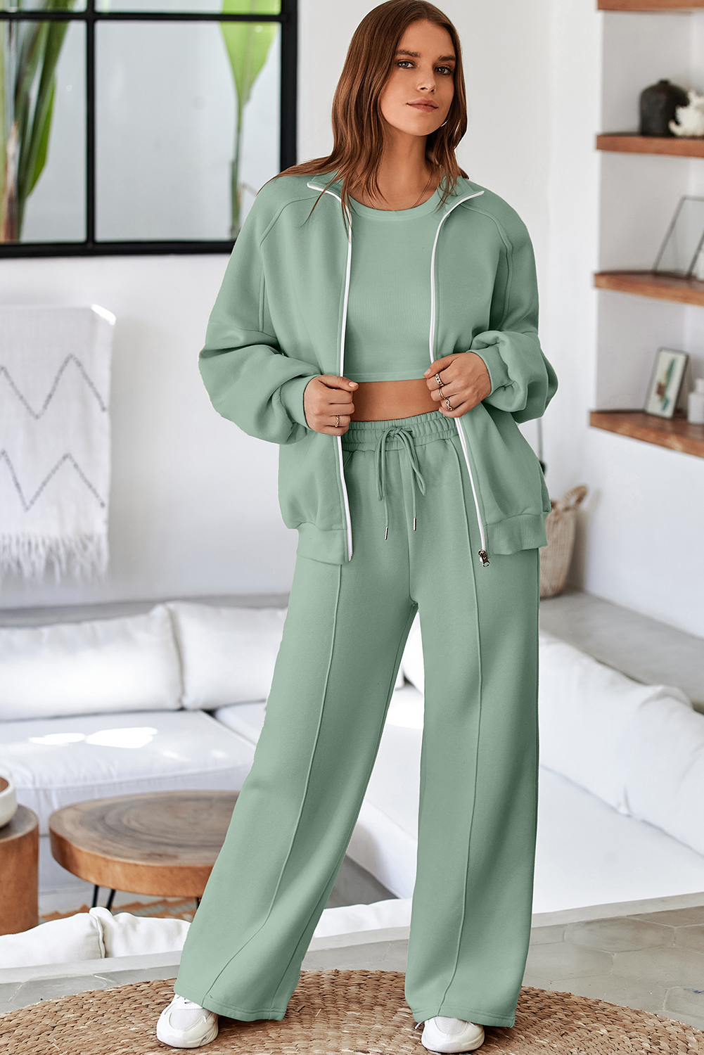 Navy Blue Drop Shoulder Zip Up Jacket Drawstring Pants Active 2pcs Set - loveforevers