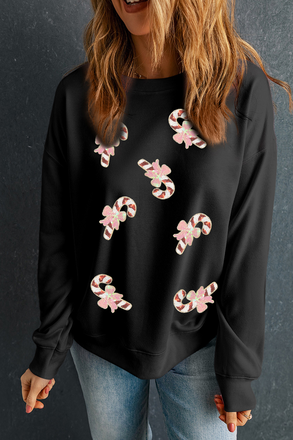 Black Christmas Candy Cane Sequin Patch Baggy Sweatshirt - loveforevers