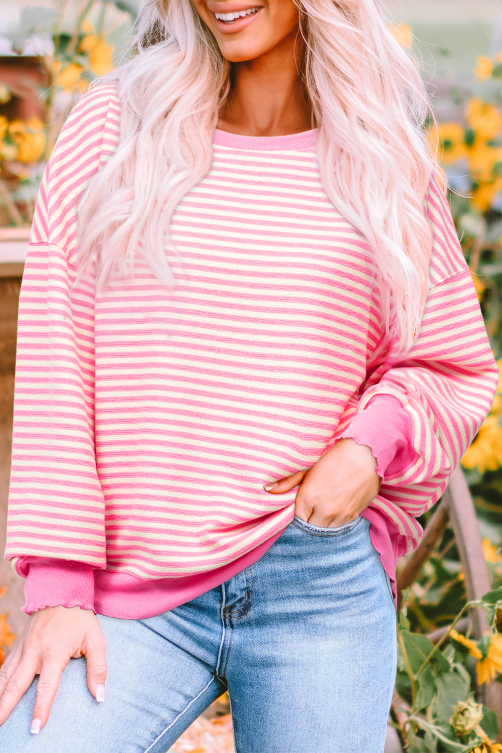 Pink Stripe Loose Drop Shoulder Long Sleeve Top - loveforevers