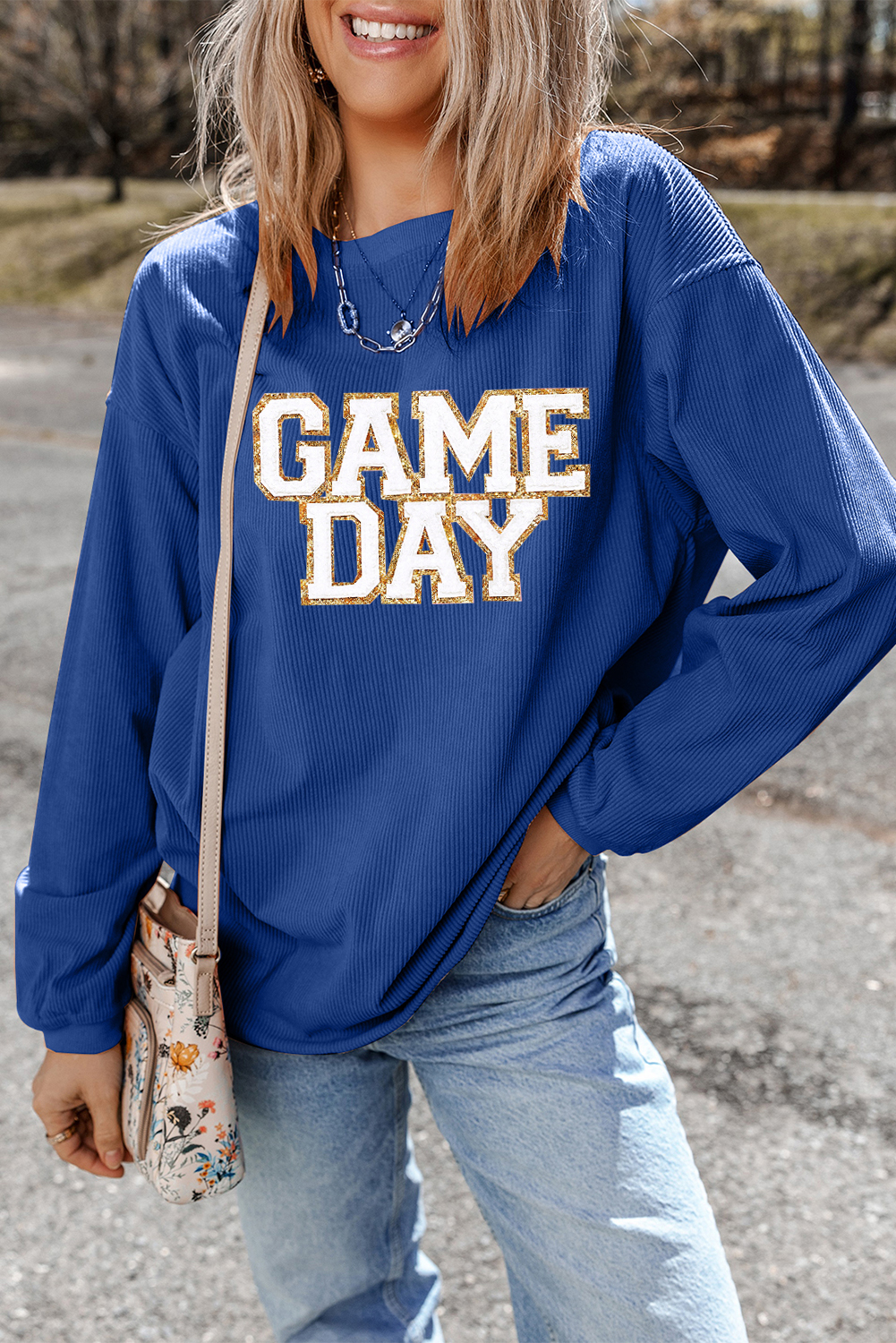 Dark Blue GAME DAY Glitter Detail Ribbed Drop Shoulder Sweatshirt - loveforevers