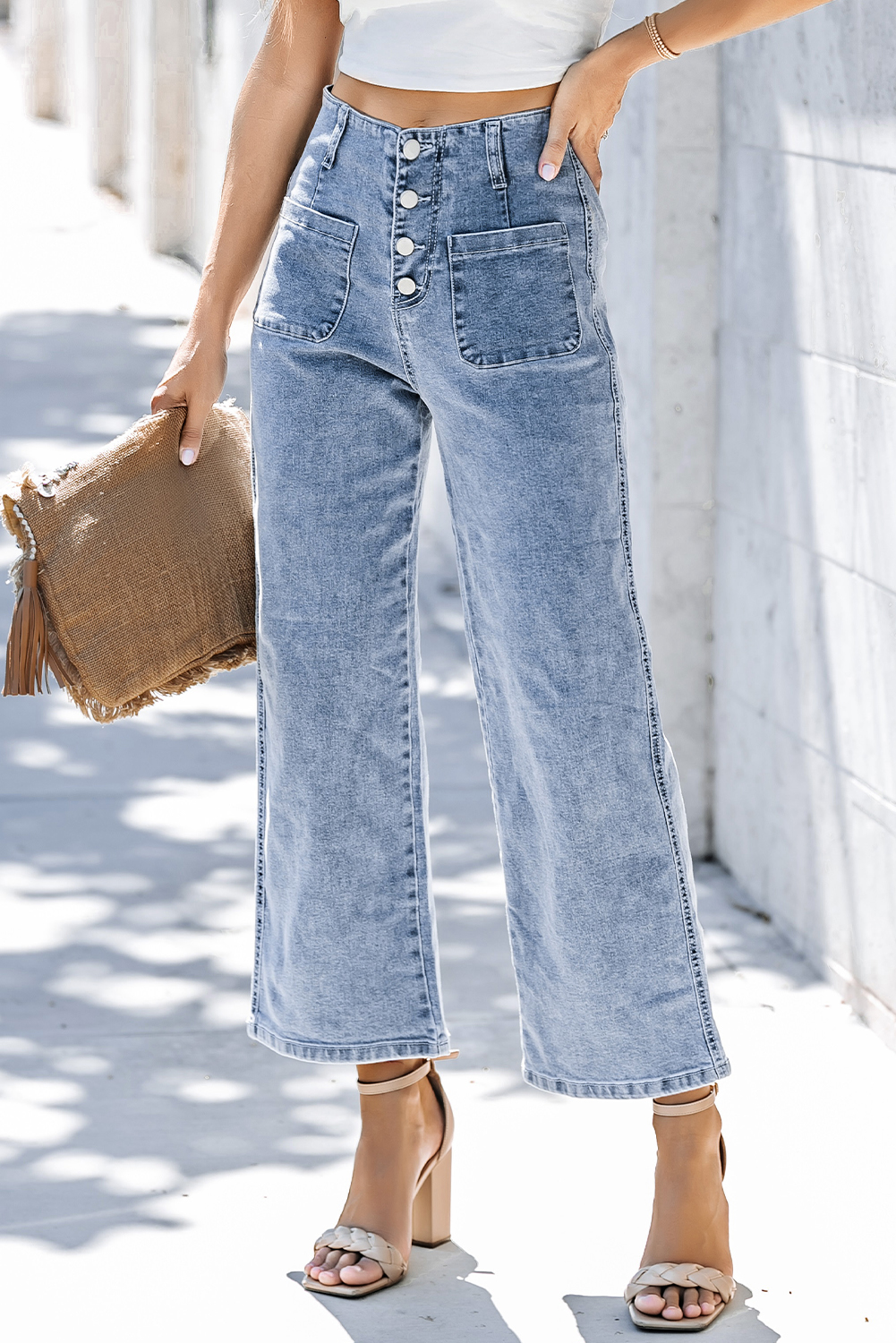 Sky Blue High Waist Cropped Wide Leg Jeans - loveforevers