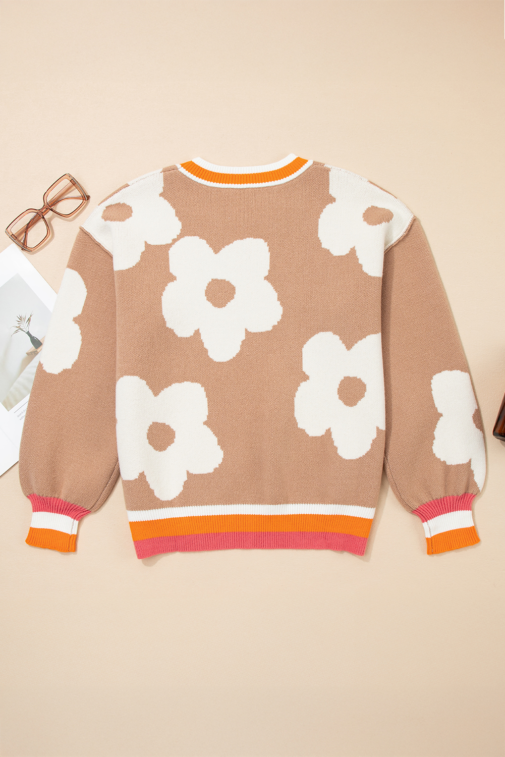 Smoke Gray Big Flower Pattern Contrast Striped Baggy Sweater - loveforevers