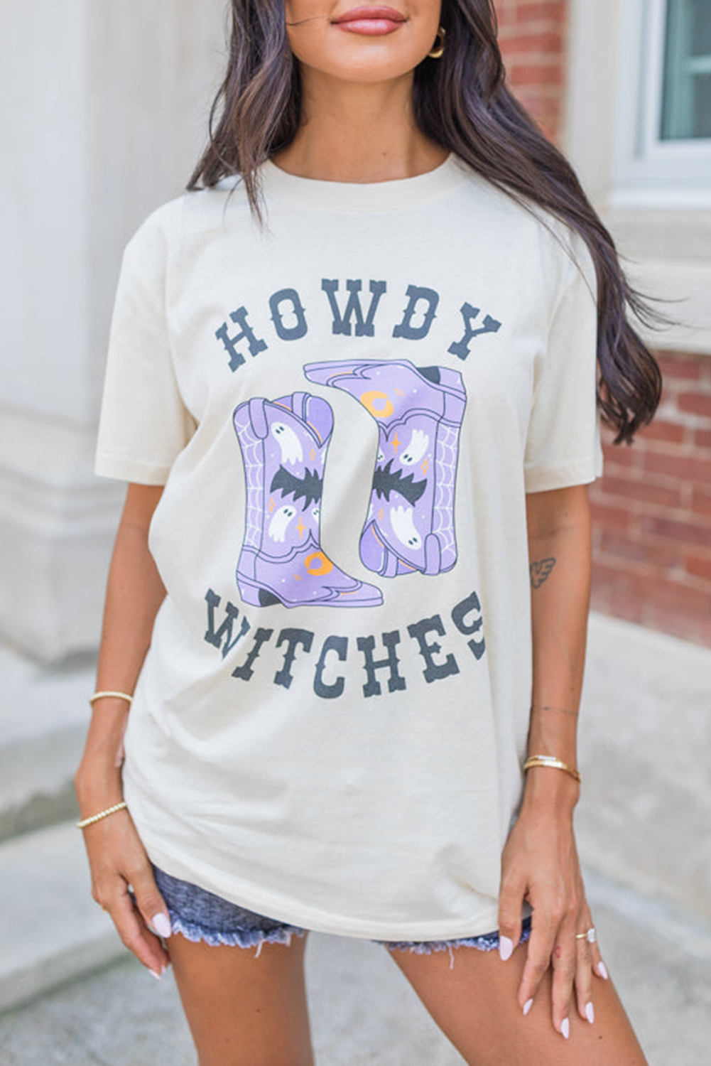 White HOWDY WITCHES Halloween Boots Crewneck T Shirt - loveforevers