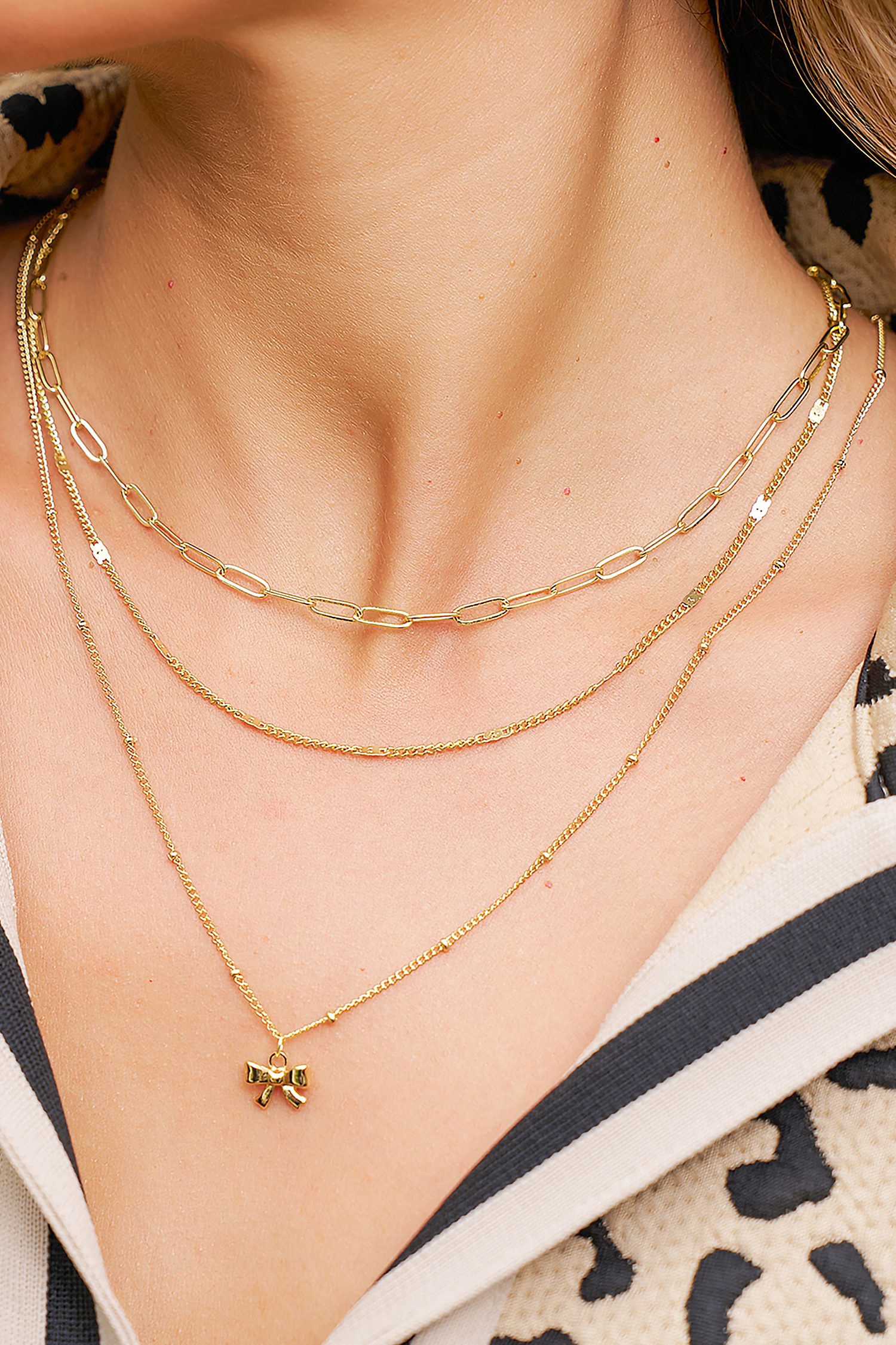 Gold Plated Trendy Paperclip Chain Bow Pendant 3pcs Necklace Set - loveforevers